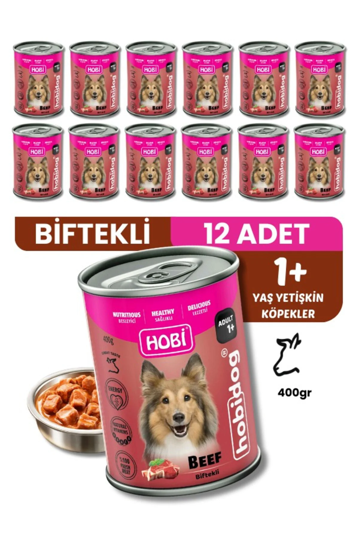 Hobidog Biftekli Yetişkin Köpek Konservesi 400 Gr x 12 Adet | Tam