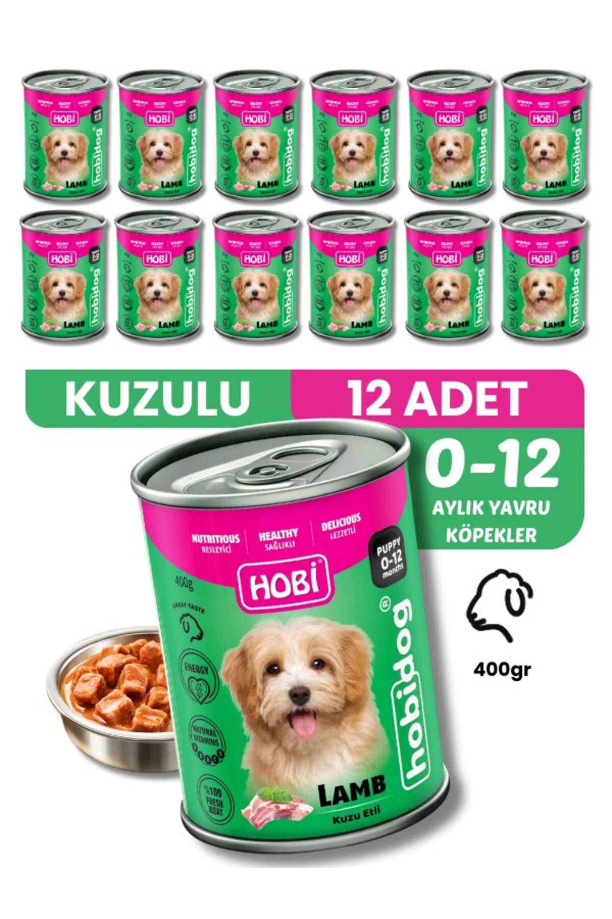 Hobidog Kuzu Etli Yavru Köpek Konservesi 400 Gr x 12 Adet | Tam v
