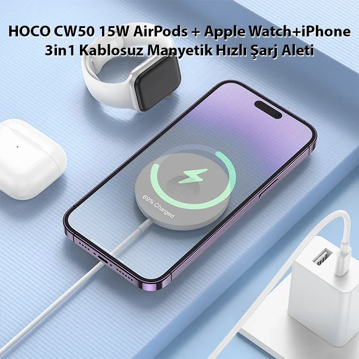 HOCO CW50 15W AirPods + Apple Watch+iPhone 3in1 Kablosuz Manyetik Hızlı Şarj Aleti-1852