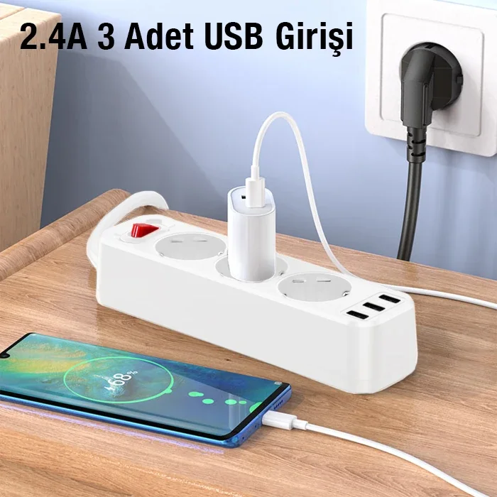 HOCO NS2 3'lü Priz 3 USB 4000W 1.8 Metre Şarj Uzatma Kablosu