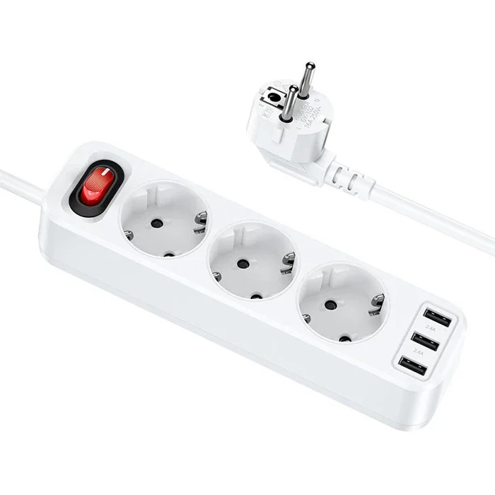 HOCO NS2 3'lü Priz 3 USB 4000W 1.8 Metre Şarj Uzatma Kablosu