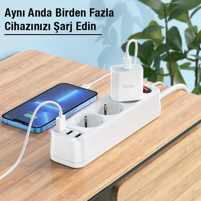 HOCO NS2 3'lü Priz 3 USB 4000W 1.8 Metre Şarj Uzatma Kablosu