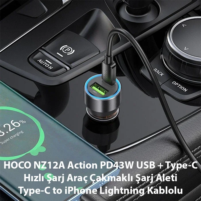 HOCO NZ12A Action PD43W USB + Type-C Araç Çakmaklık Hızlı Şarj Aleti + Type-C to iPhone Lightning Ka-1852 HOCO NZ12A Action PD43W USB + Type-C Araç Çakmaklık Hızlı Şarj Aleti + Type-C to iPhone Lightning Ka-1852