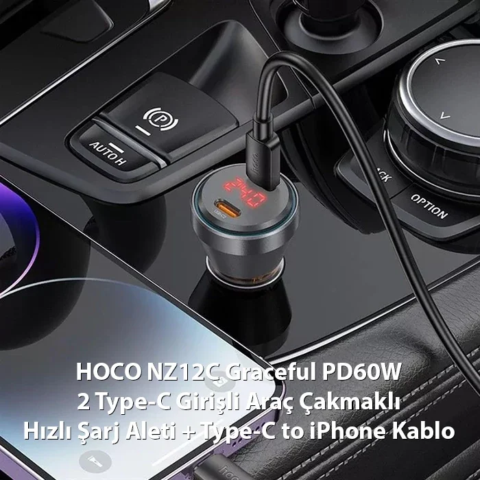 HOCO NZ12C Graceful PD60W 2 Type-C Girişli Araç Çakmaklı Hızlı Şarj Aleti + Type-C to iPhone Kablo-1852 HOCO NZ12C Graceful PD60W 2 Type-C Girişli Araç Çakmaklı Hızlı Şarj Aleti + Type-C to iPhone Kablo-1852