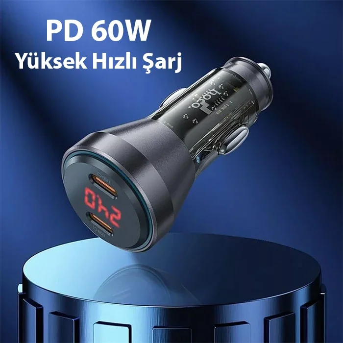 HOCO NZ12C Graceful PD60W 2 Type-C Girişli Araç Çakmaklı Hızlı Şarj Aleti + Type-C to iPhone Kablo-1852 HOCO NZ12C Graceful PD60W 2 Type-C Girişli Araç Çakmaklı Hızlı Şarj Aleti + Type-C to iPhone Kablo-1852