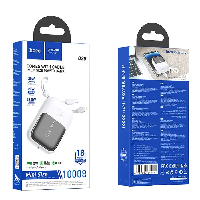 Hoco Q20 Fountain 10000mAh Hızlı Şarj Powerbank - 22.5W PD Kablolu + Dijital Gösterge
