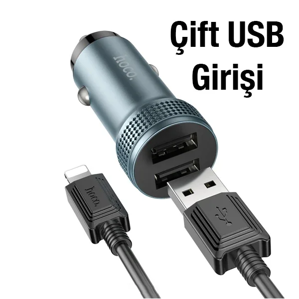 HOCO Z49 Çift USB Girişli Araç Şarj Başlık + USB To iPhone Lightning Kablo-1852