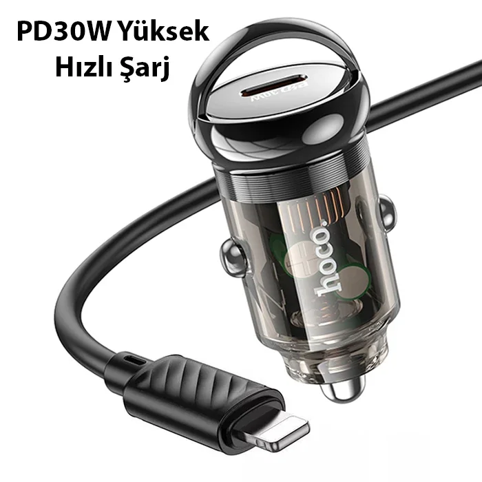 HOCO Z53 Sight Single PD30W Type-C Girişli Araç Çakmaklık Hızlı Şarj Aleti + Type-C to iPhone Lightn-1852