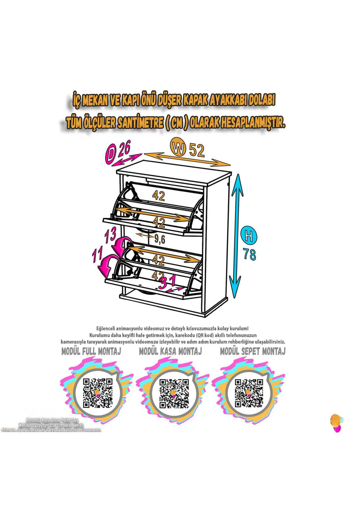 Holen Antrasit Renk Ayakkabılık 2 Düşer Kapak 52 cm Genişlik Kapı