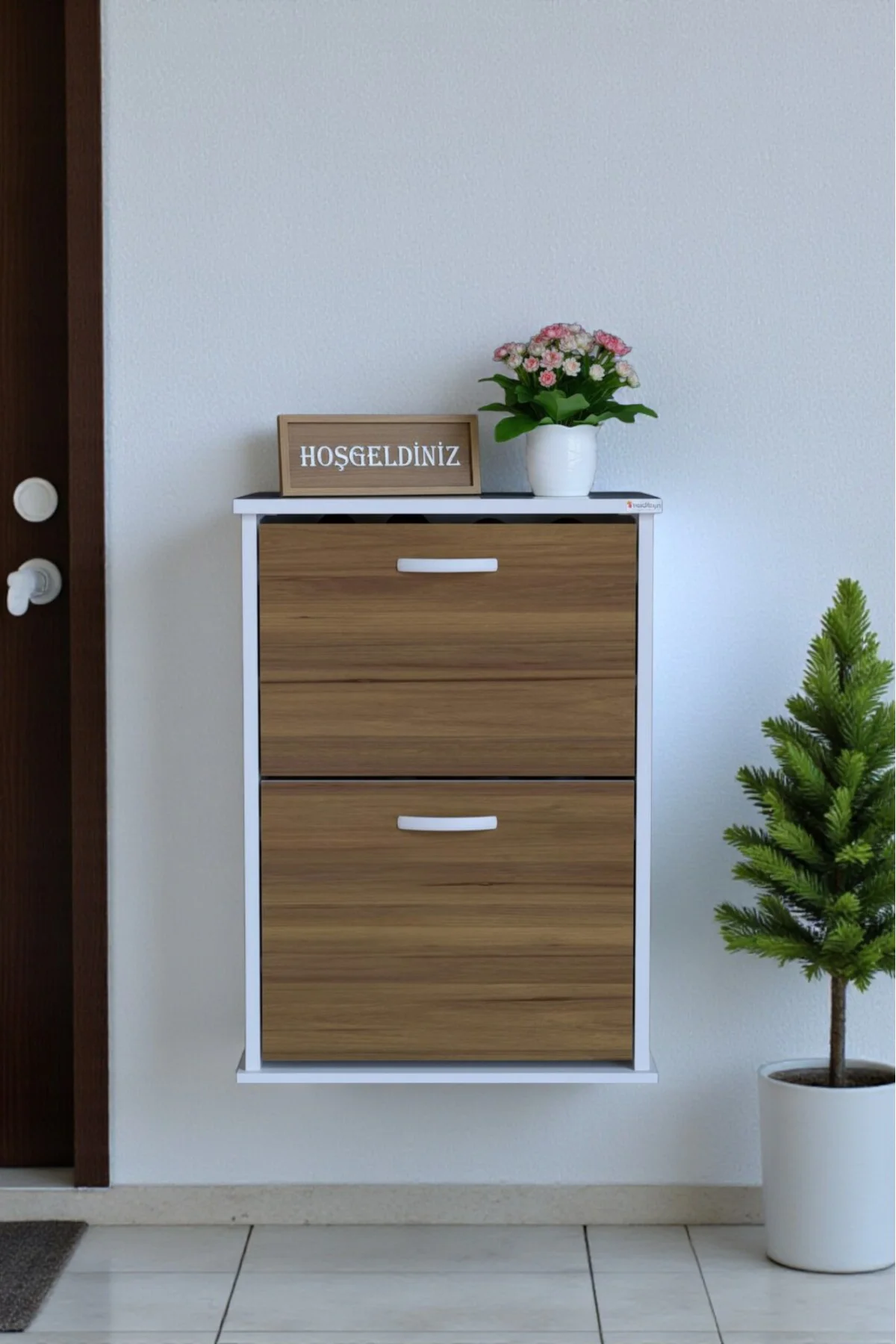 Holen Ceviz Renk Ayakkabılık 2 Düşer Kapak 52 cm Genişlik Kapı Ön