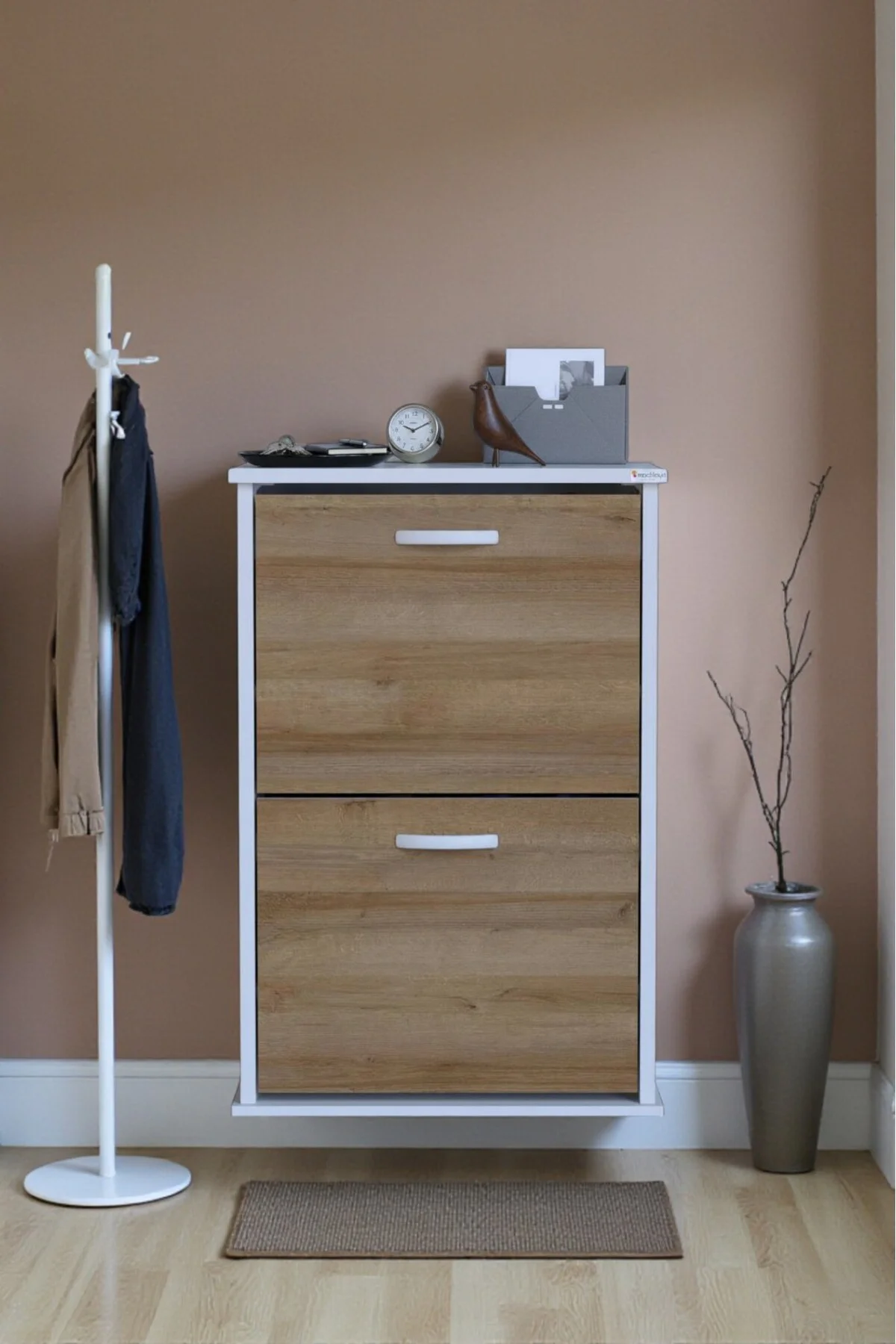 Holen Meşe Renk Ayakkabılık 2 Düşer Kapak 52 cm Genişlik Kapı Önü