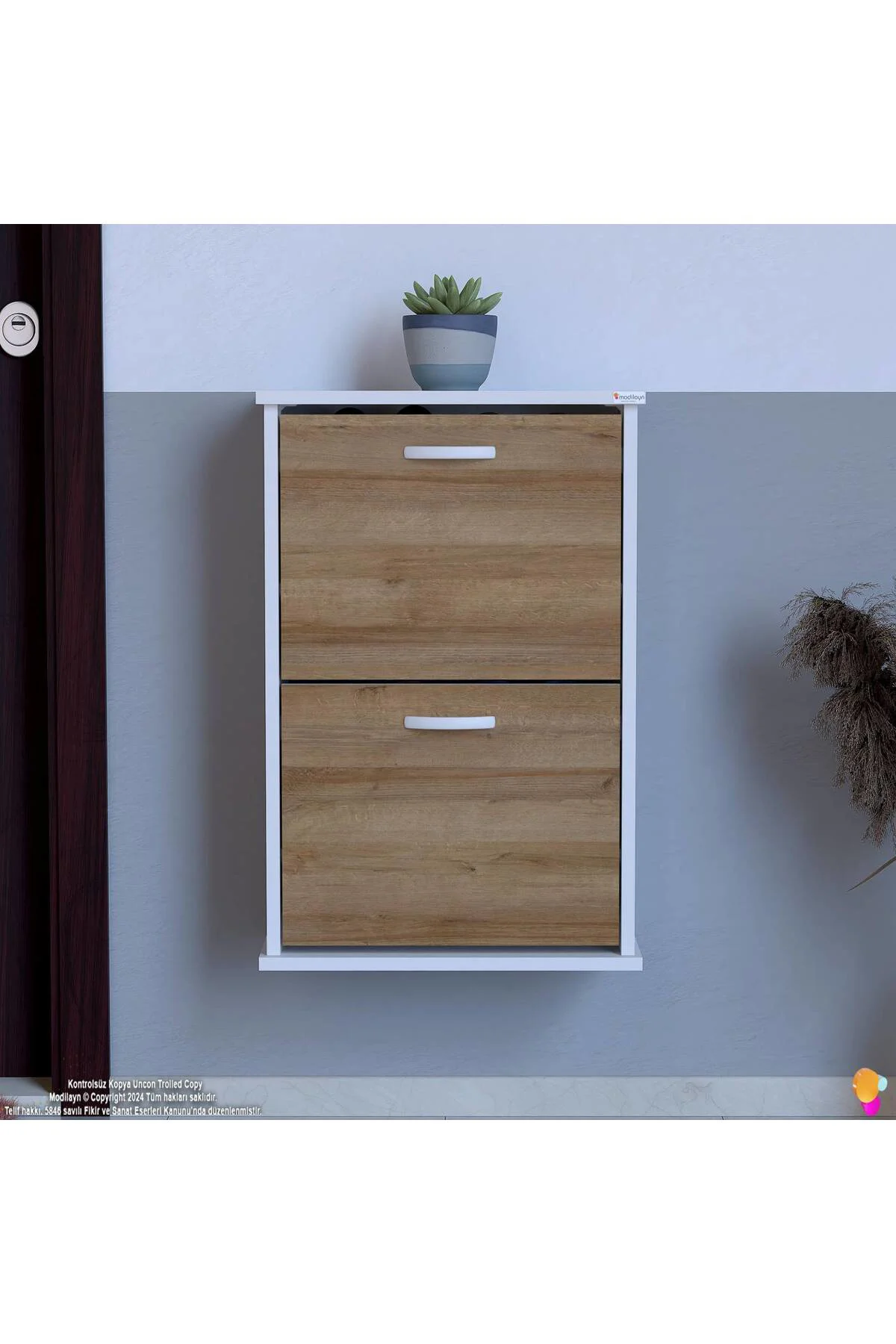 Holen Meşe Renk Ayakkabılık 2 Düşer Kapak 52 cm Genişlik Kapı Önü