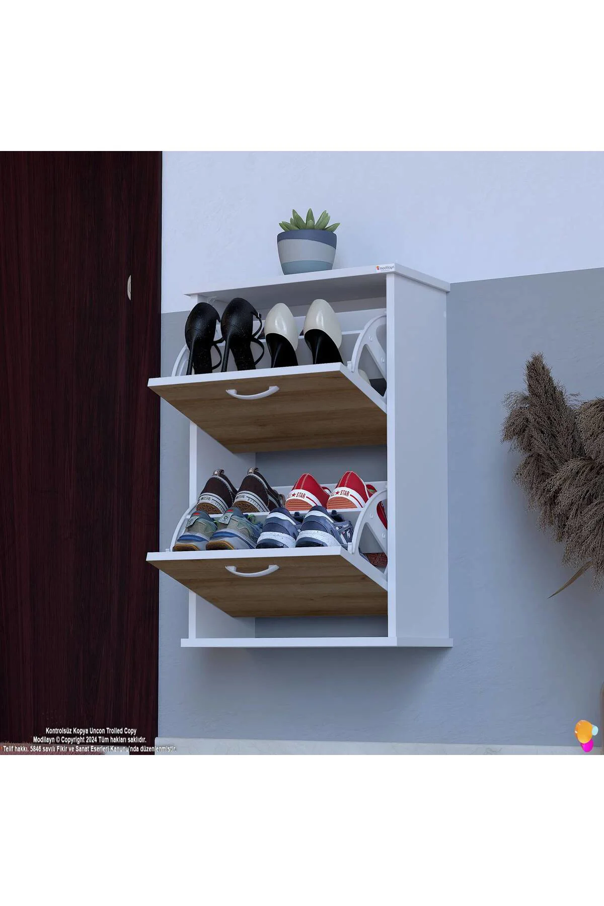 Holen Meşe Renk Ayakkabılık 2 Düşer Kapak 52 cm Genişlik Kapı Önü