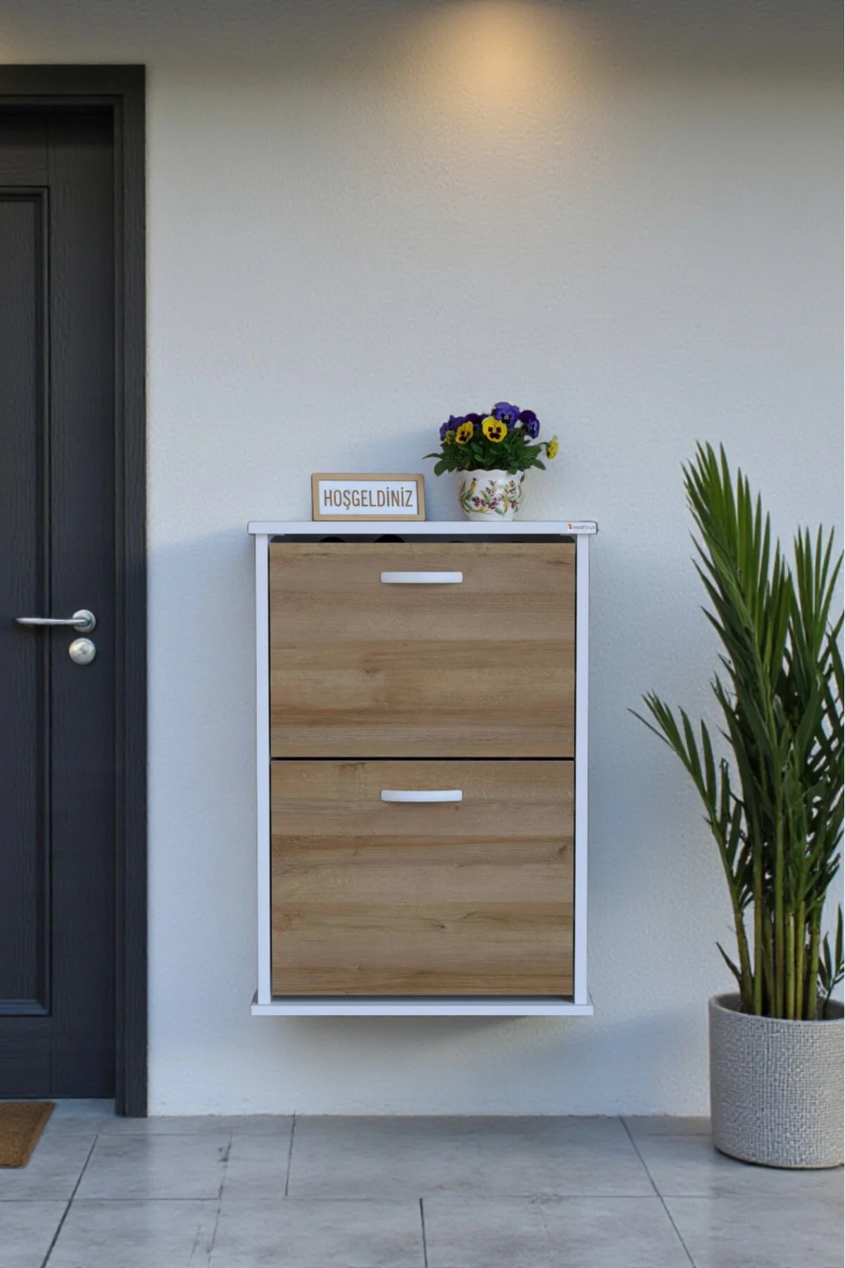 Holen Meşe Renk Ayakkabılık 2 Düşer Kapak 52 cm Genişlik Kapı Önü