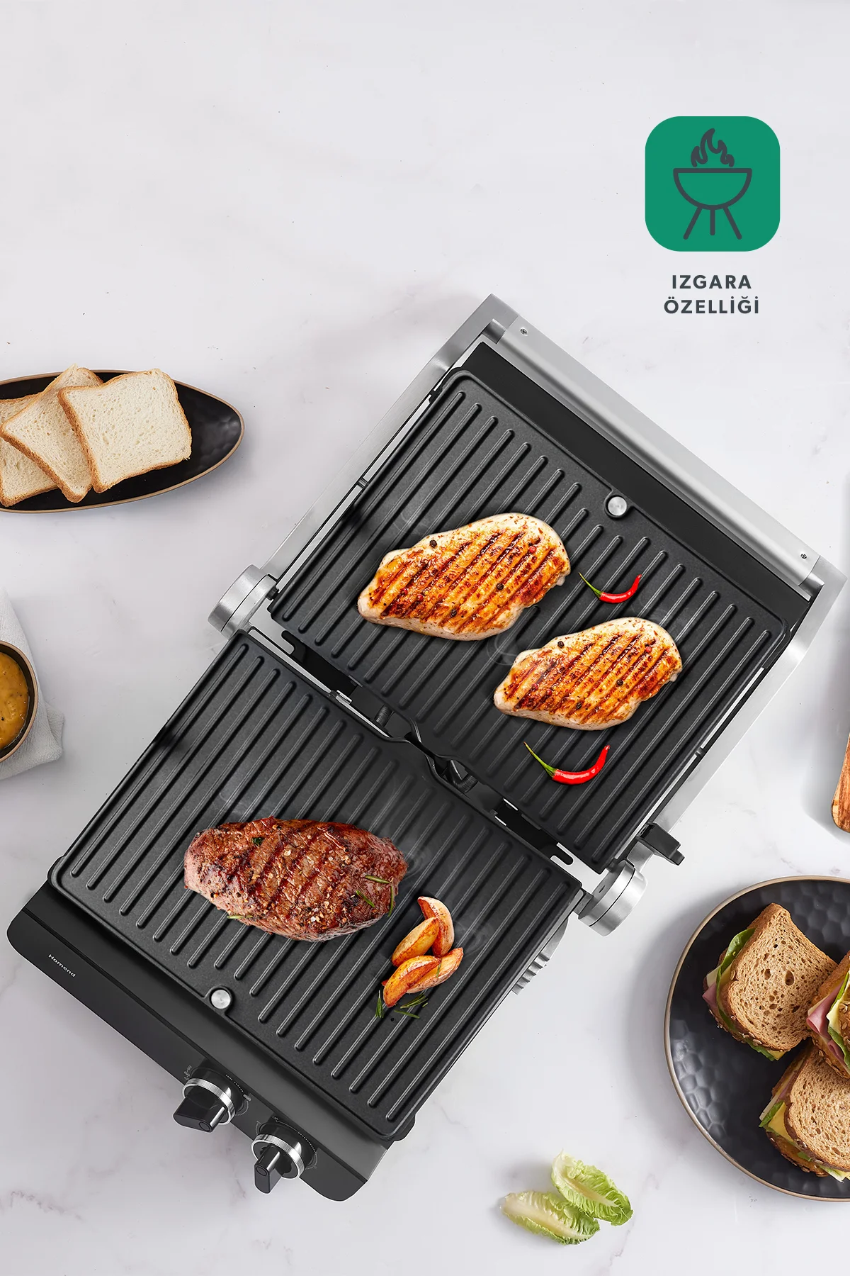 HOMEND Grilliant 1342h 3 In 1 Inox Gövde Çift Taraflı XL Döküm Pl