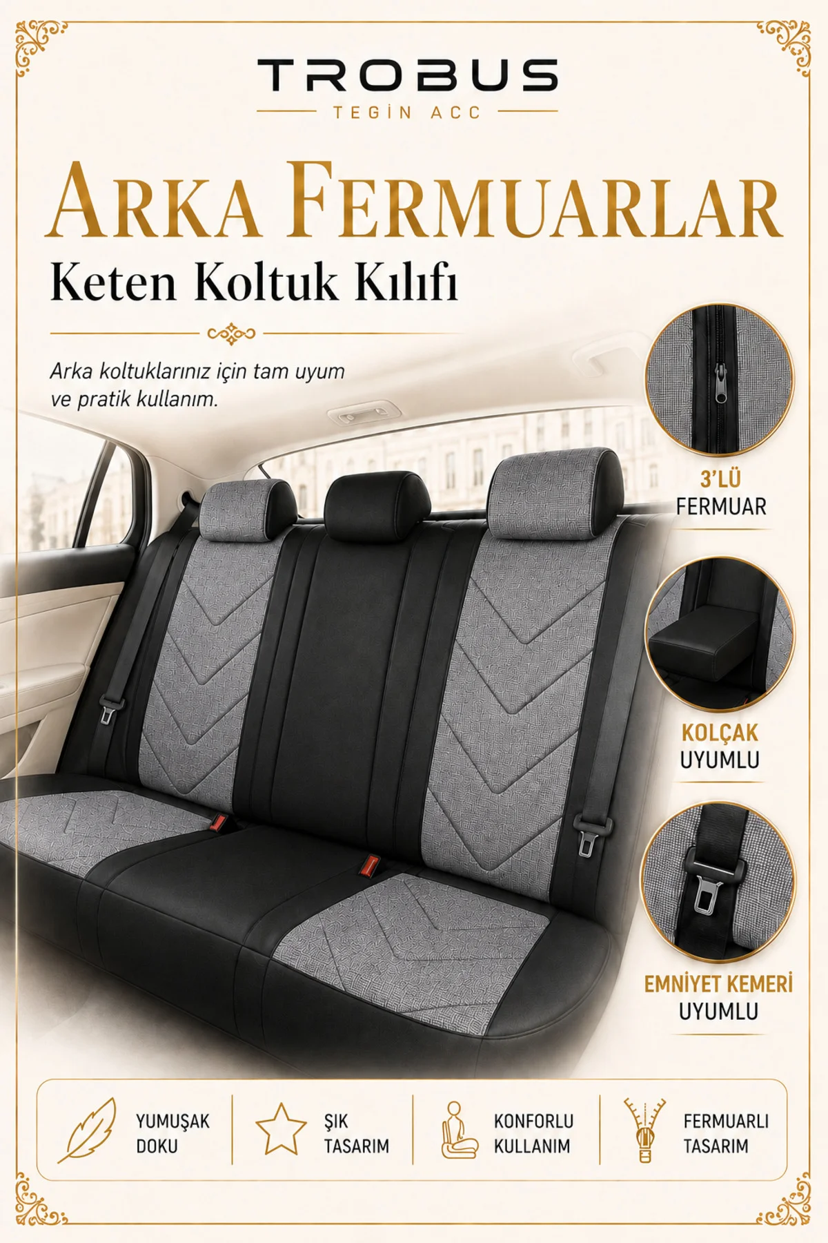 Honda Accord 2003 Sonrası Uyumlu LeoSport Serisi Gri Siyah Ortopedik Keten Koltuk Kılıfı