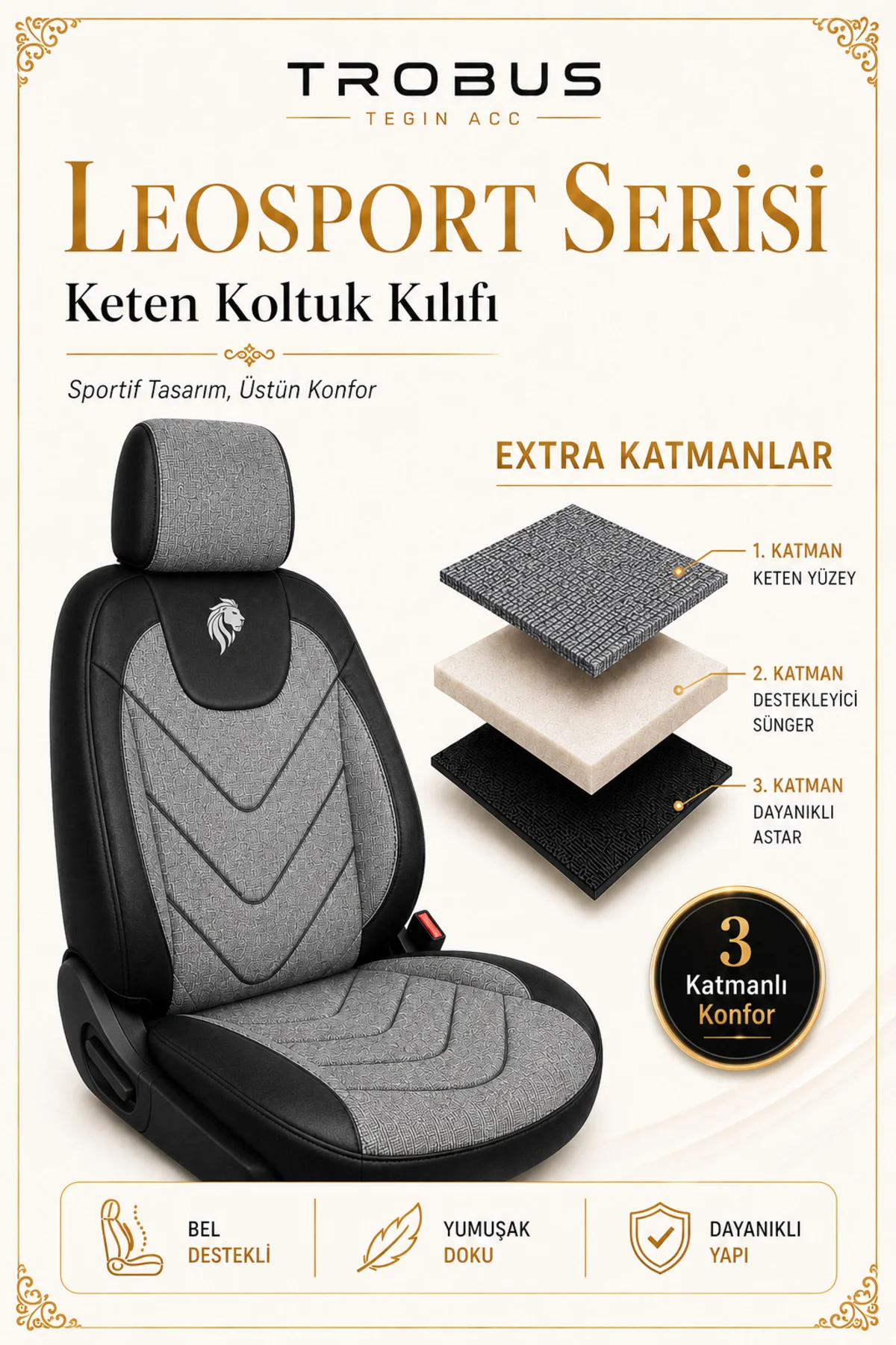 Honda Accord 2003 Sonrası Uyumlu LeoSport Serisi Gri Siyah Ortopedik Keten Koltuk Kılıfı