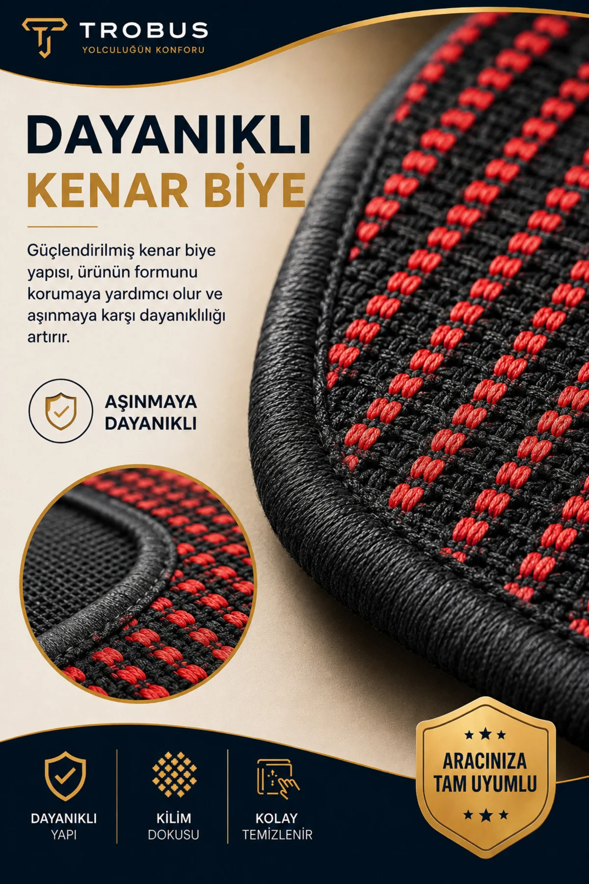 Honda Accord 2003 ve Sonrası Uyumlu Örme Kilim 3 Parça Minder Siyah Kırmızı
