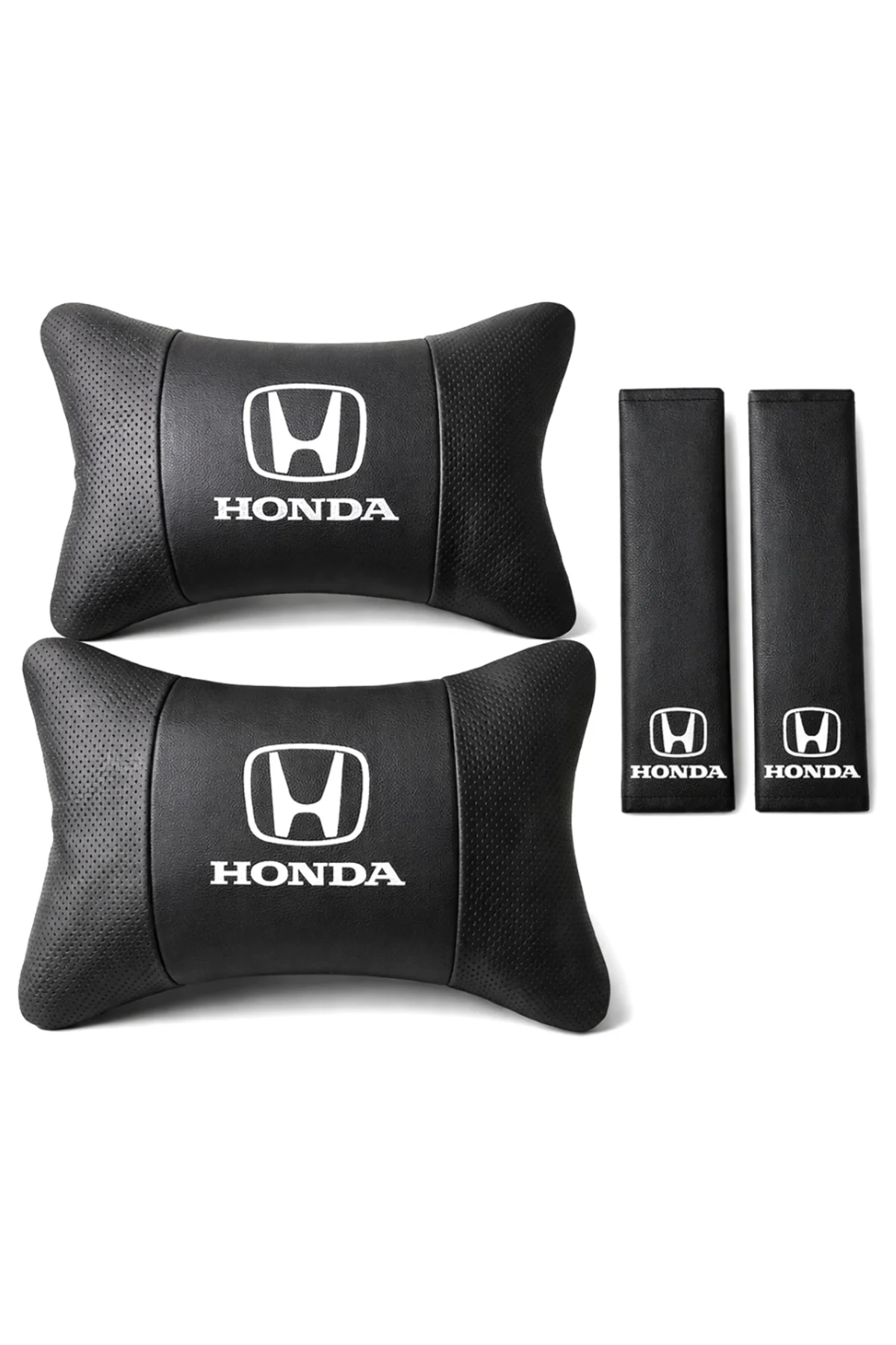 Honda Beyaz Nakışlı Oto Boyun Yastığı + Emniyet Kemer Pedi Seti Siyah Deri Araç İçi Konfor Honda Beyaz Nakışlı Oto Boyun Yastığı + Emniyet Kemer Pedi Seti Siyah Deri Araç İçi Konfor - Görsel 3