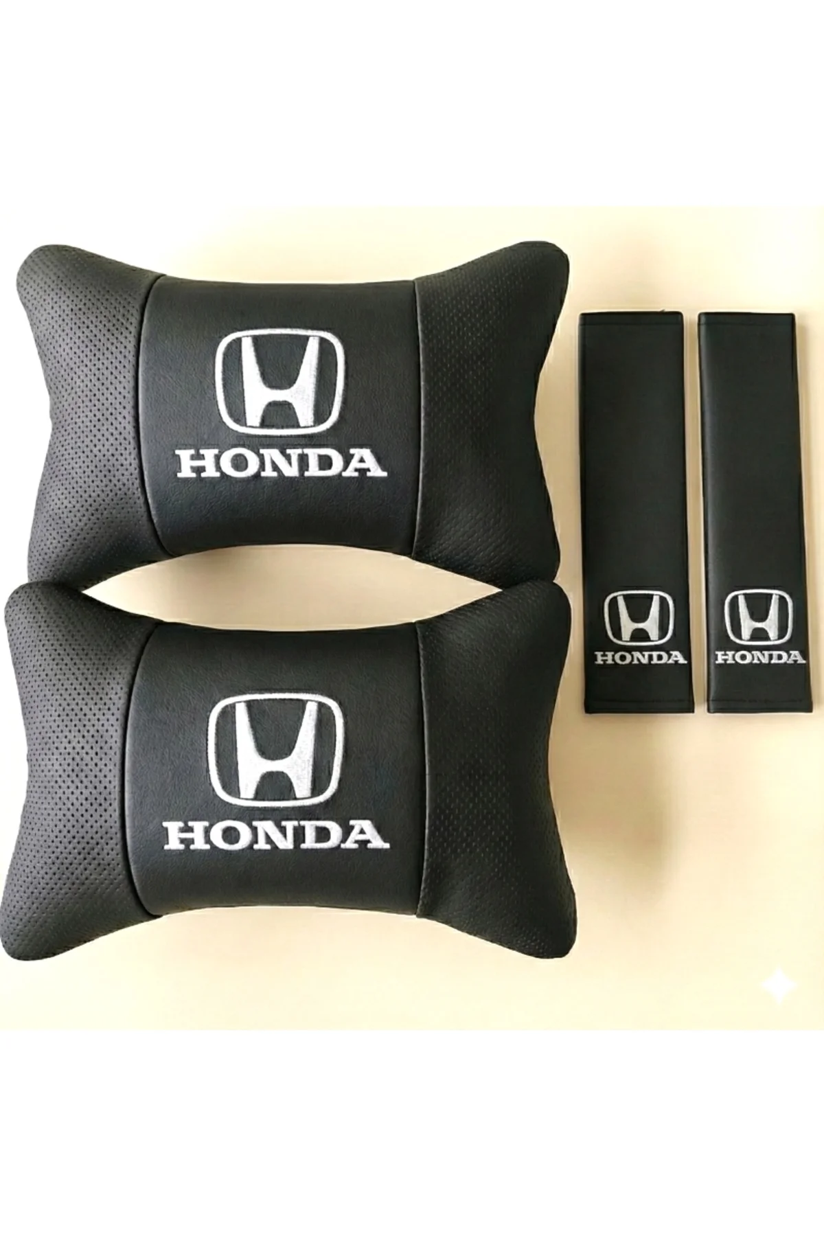 Honda Beyaz Nakışlı Oto Boyun Yastığı + Emniyet Kemer Pedi Seti Siyah Deri Araç İçi Konfor Honda Beyaz Nakışlı Oto Boyun Yastığı + Emniyet Kemer Pedi Seti Siyah Deri Araç İçi Konfor - Görsel 4