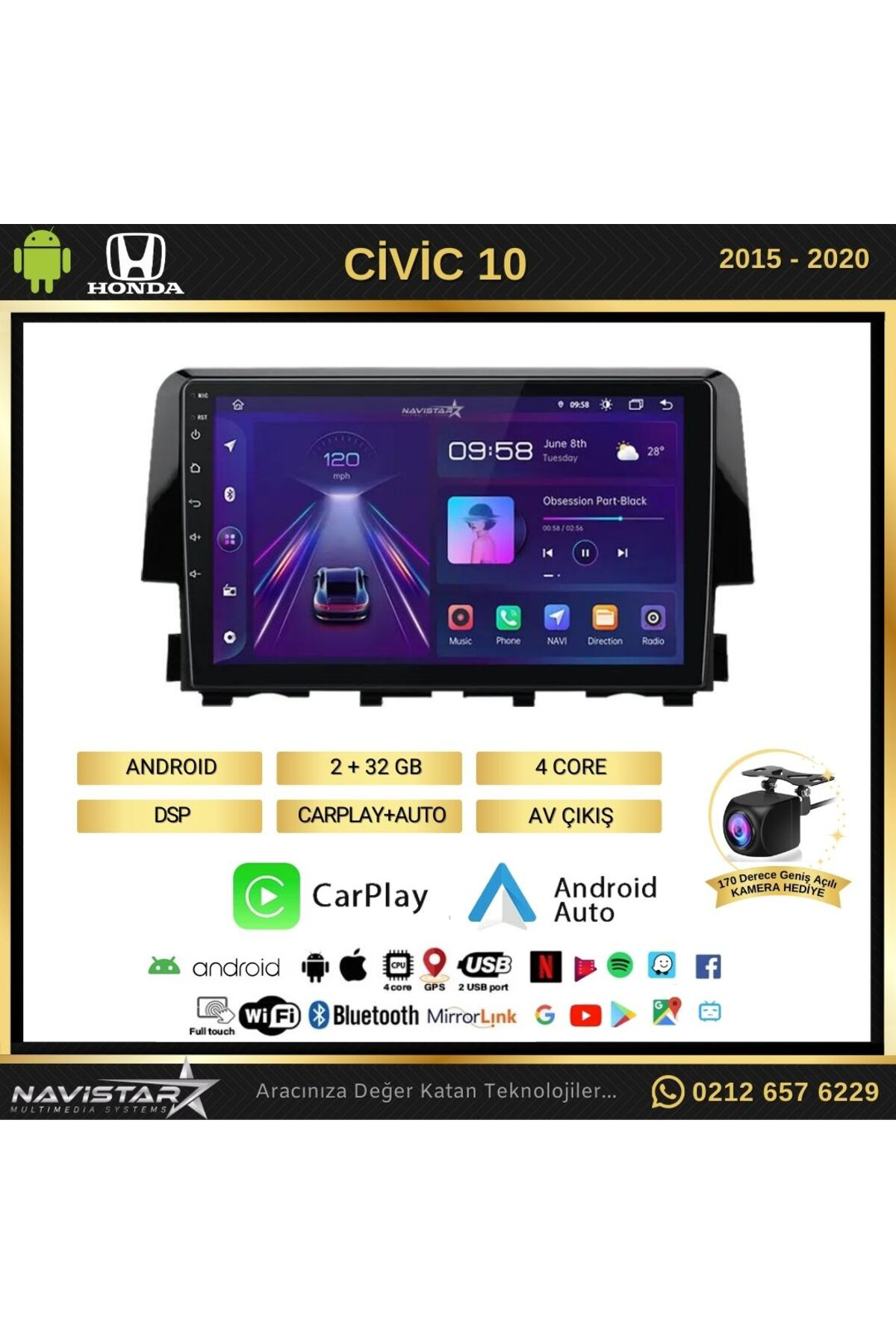 Honda Civic 2 64gb Android 13 Kablosuz Carplay 2015-2020 Navigasy