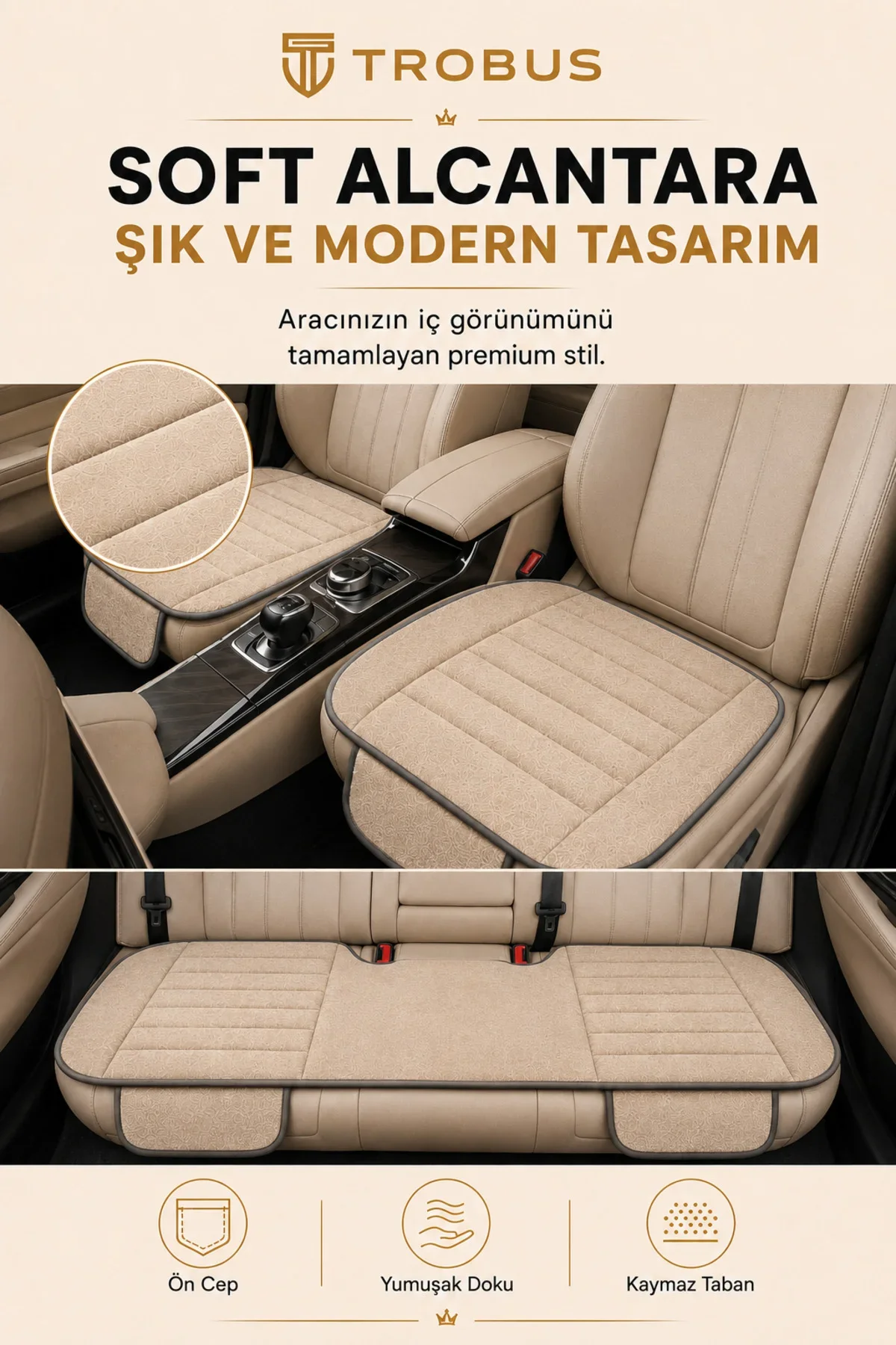 Honda Civic 2007-2011 Soft Alkantara Çizgili Baby Face 3'lü Oturak Minderi Bej Siyah - Görsel 2