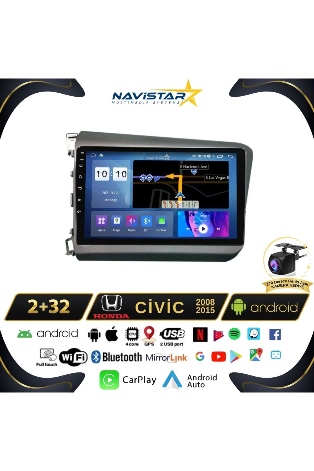 Honda Civic 2008-2015 Model 2gb 64gb Android 13 Kablosuz Carplay 