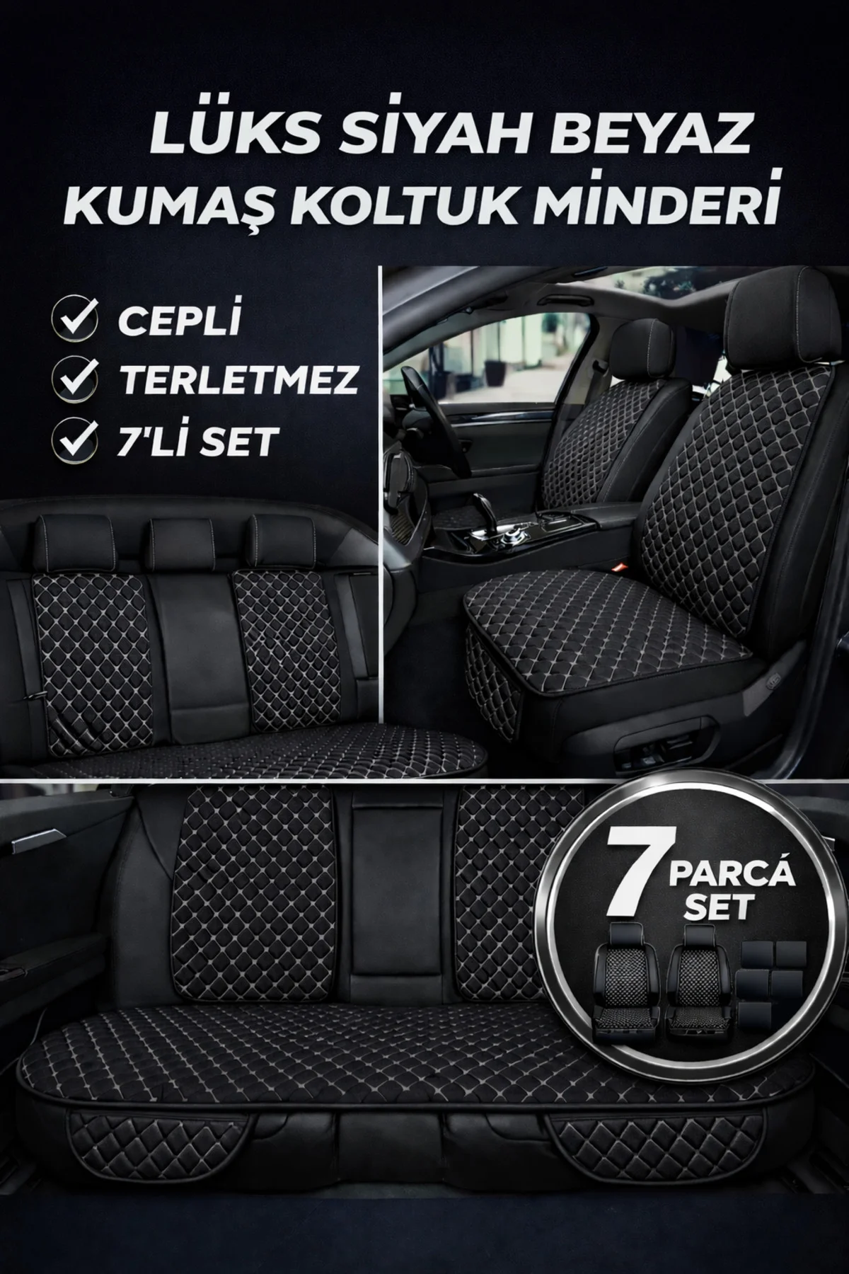 Honda Civic 2012-2015 7 Parça Kapitone Desen Kumaş Oto Koltuk Minderi Siyah Beyaz Fiyatı, Yorumları ve Özellikleri