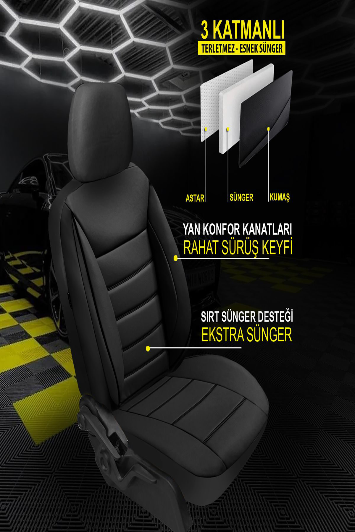 HONDA CIVIC  2012-2017 Uyumlu Oto Koltuk Kılıfı Chaotic Serisi Deri - Siyah