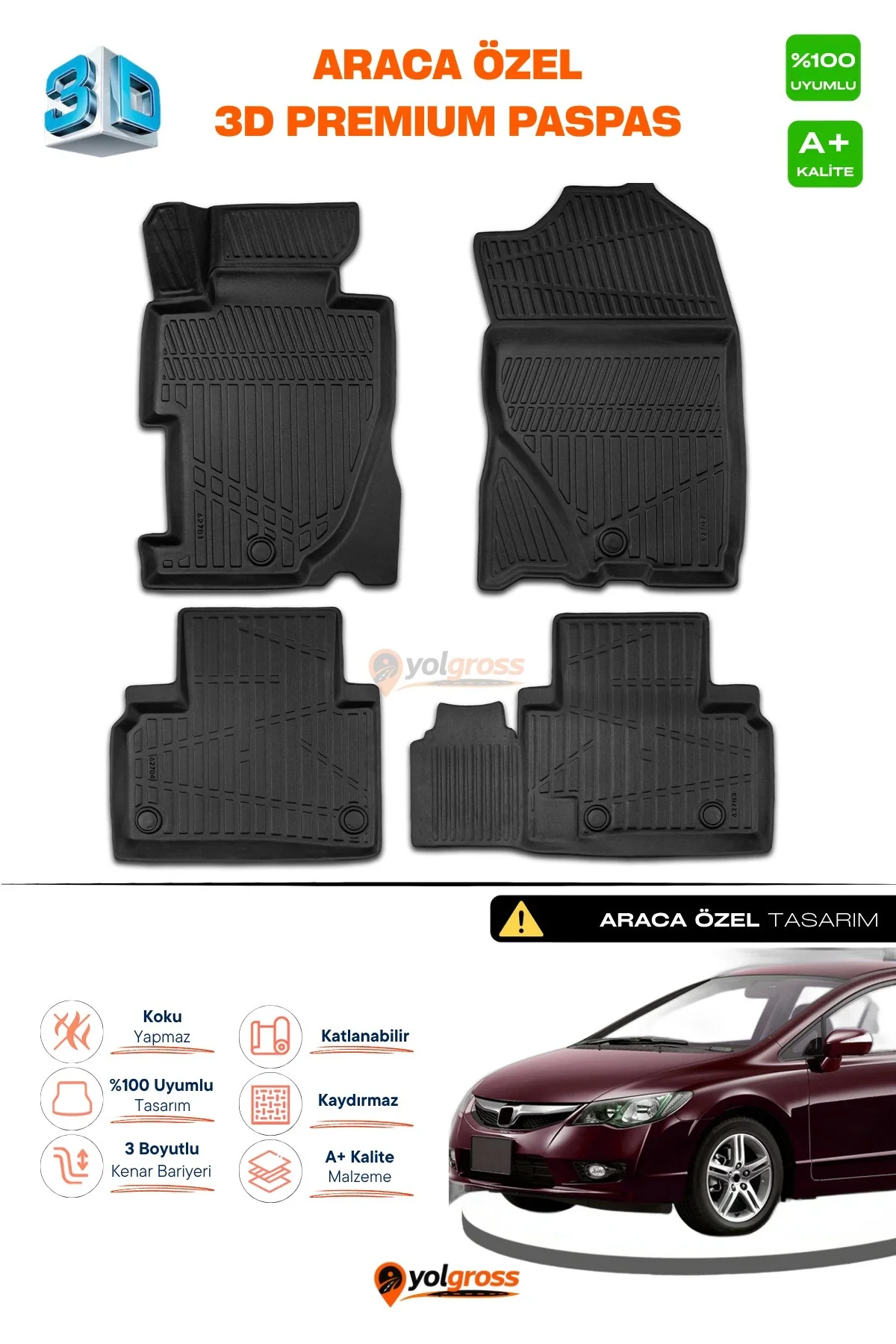 Honda Civic 3D Pro Havuzlu Paspas 2006-2012 A+ Kalite