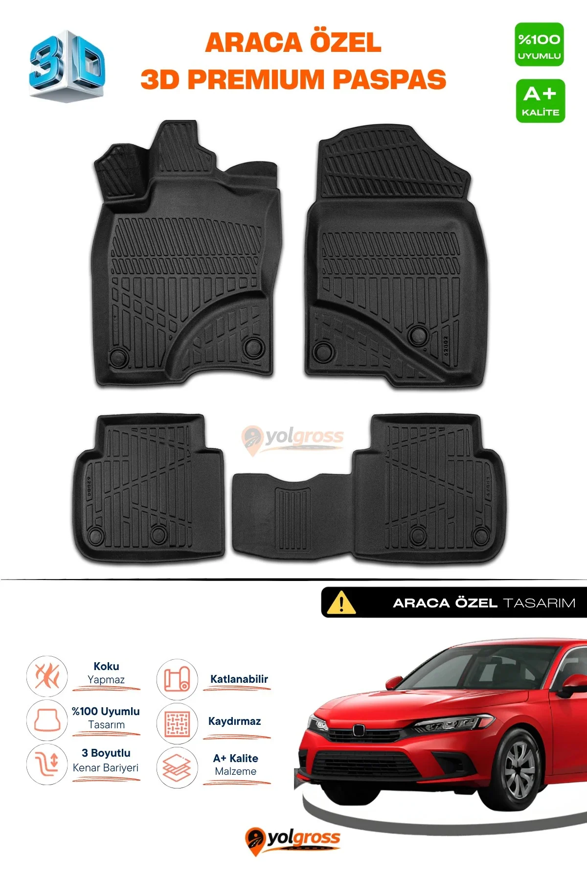 Honda Civic 3D Pro Havuzlu Paspas 2021 Üzeri A+ Kalite