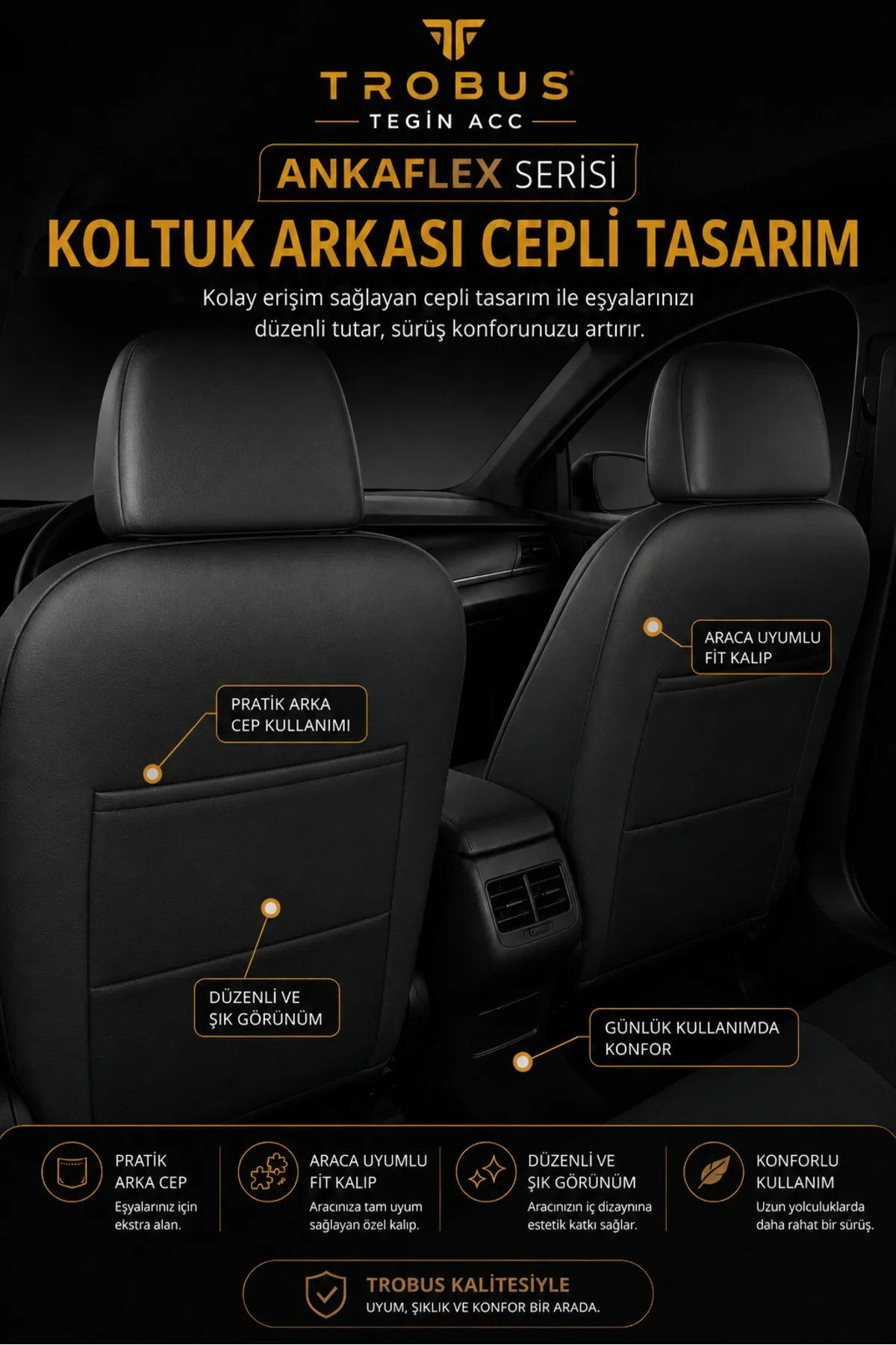 Honda Civic FD6 2006-2011 Uyumlu ANKAFLEX Bel Destekli Keten Deri Kahve Siyah Koltuk Kılıfı - Görsel 5