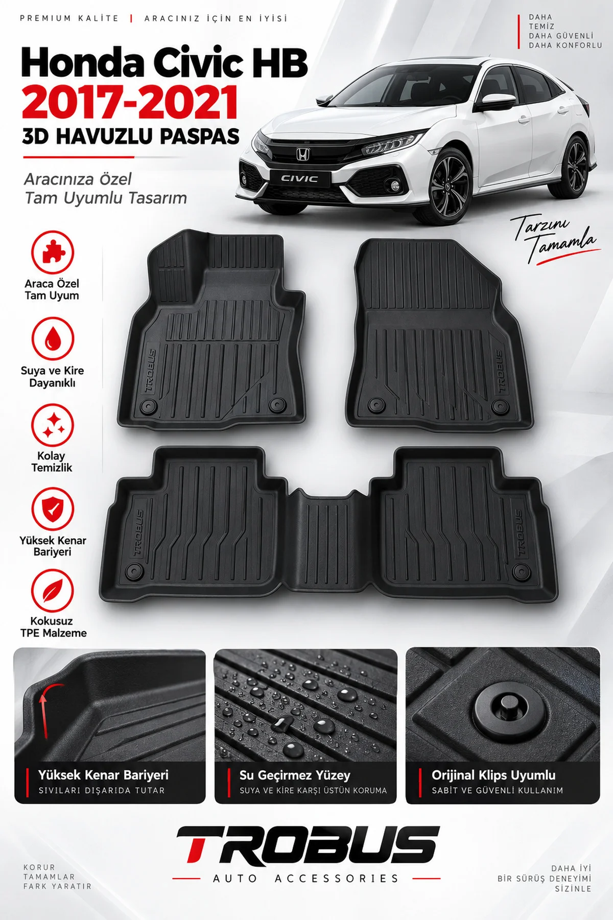 Honda Civic HB 2017-2021 Karbon Desenli Premium 3D Havuzlu Oto Paspas