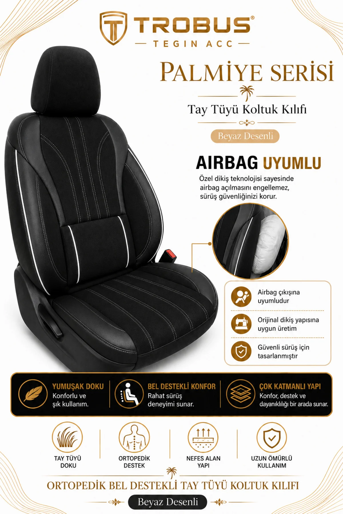 Honda Civic Sedan 1996 Sonrası Uyumlu Palmiye Serisi Siyah Beyaz Bel Destekli Tay Tüyü Koltuk Kılıfı Fiyatı, Yorumları ve Özellikleri