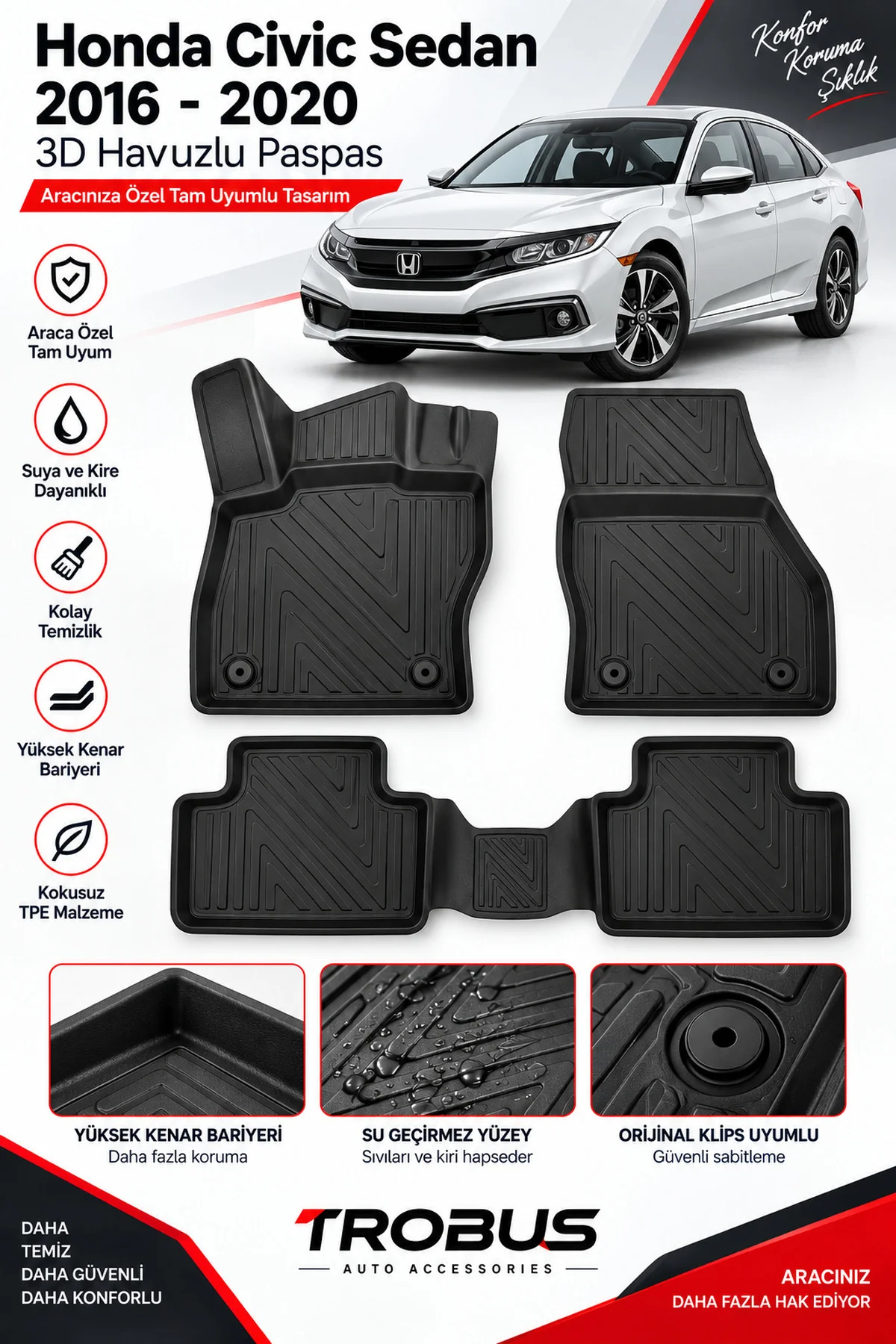Honda Civic Sedan 2016-2020 Karbon Desenli Premium 3D Havuzlu Oto Paspas