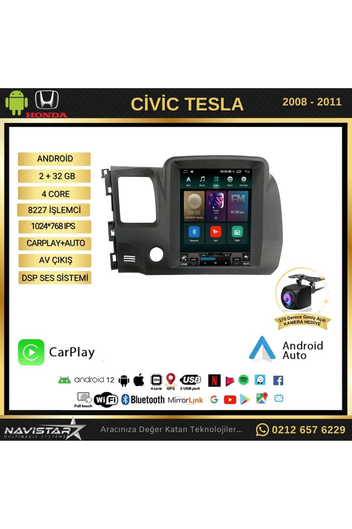 Honda Civic Tesla 2008-2011 Model 2gb 32gb Kablosuz Carplay Navig