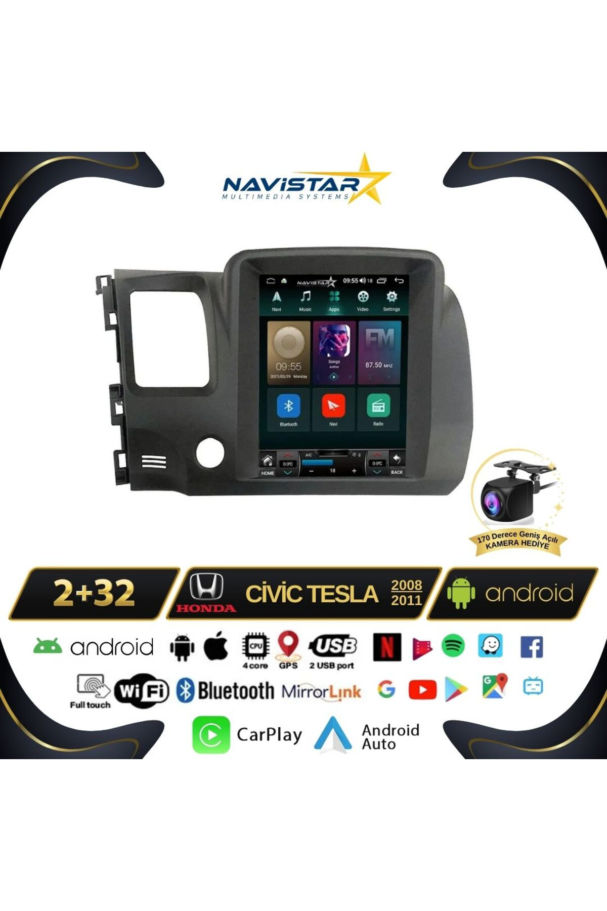 Honda Civic Tesla 2008-2011 Model 2gb 32gb Kablosuz Carplay Navig