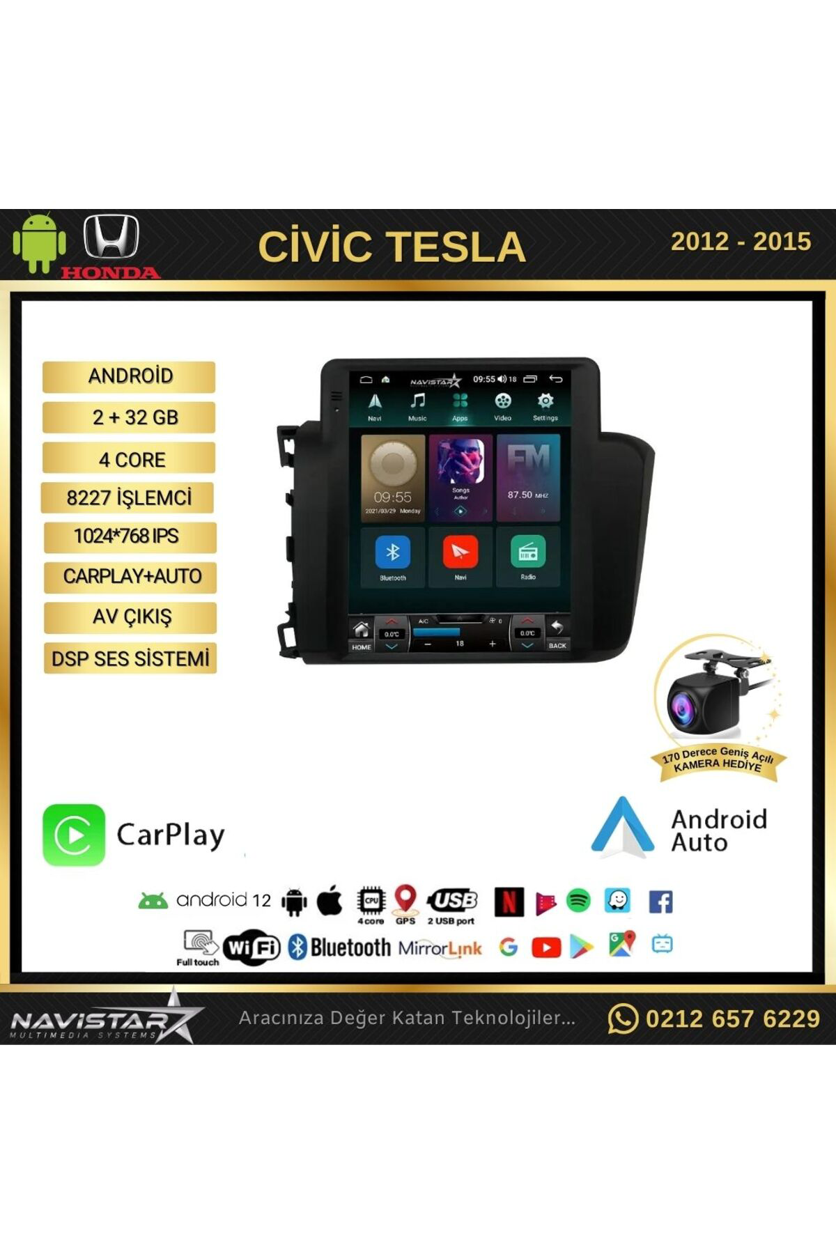 Honda Civic Tesla 2012-2015 Model 2gb 32gb Kablosuz Carplay Navig Honda Civic Tesla 2012-2015 Model 2gb 32gb Kablosuz Carplay Navig