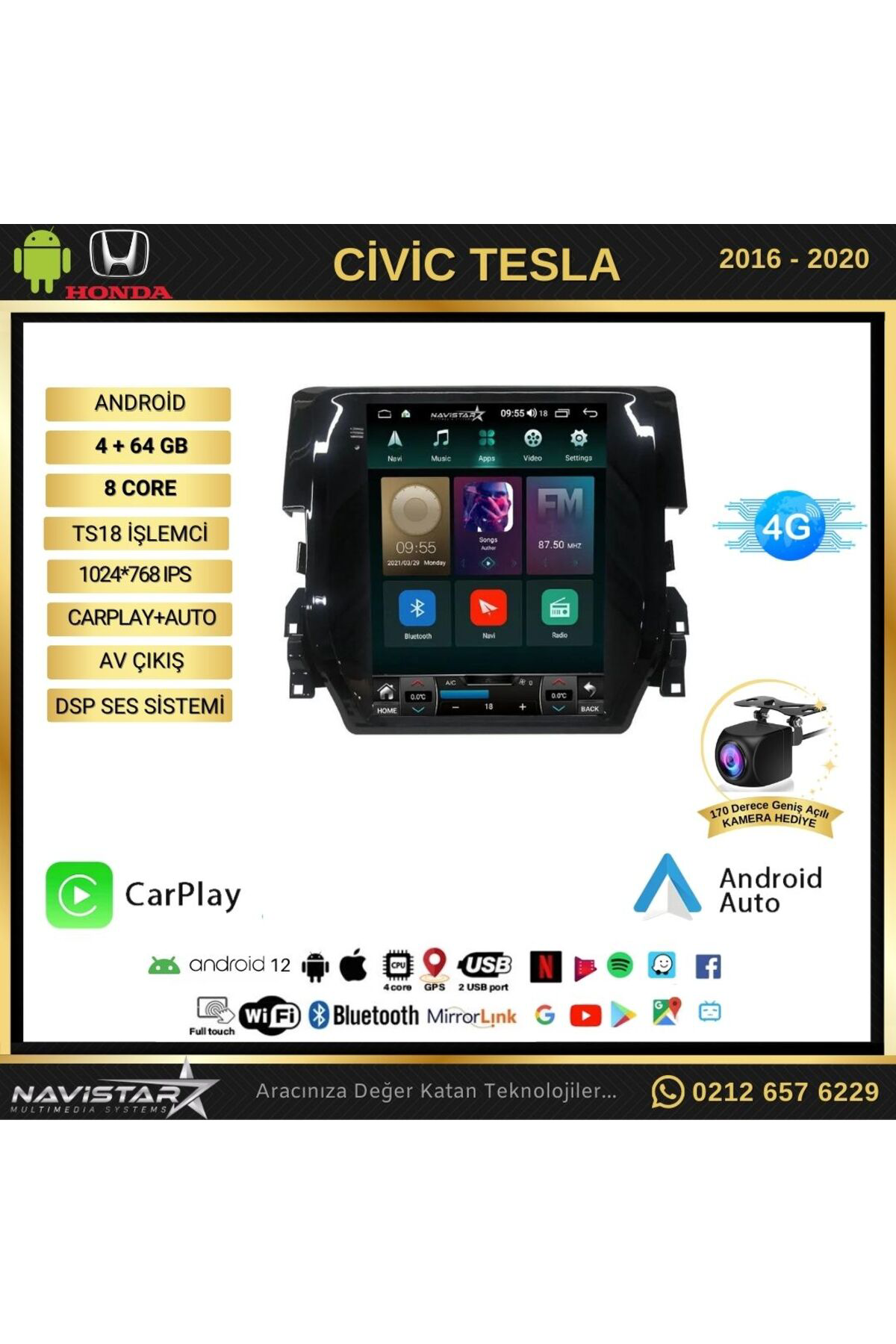 Honda Civic Tesla 4gb 64gb 2016-2020 Model Kablosuz Carplay Navig Honda Civic Tesla 4gb 64gb 2016-2020 Model Kablosuz Carplay Navig