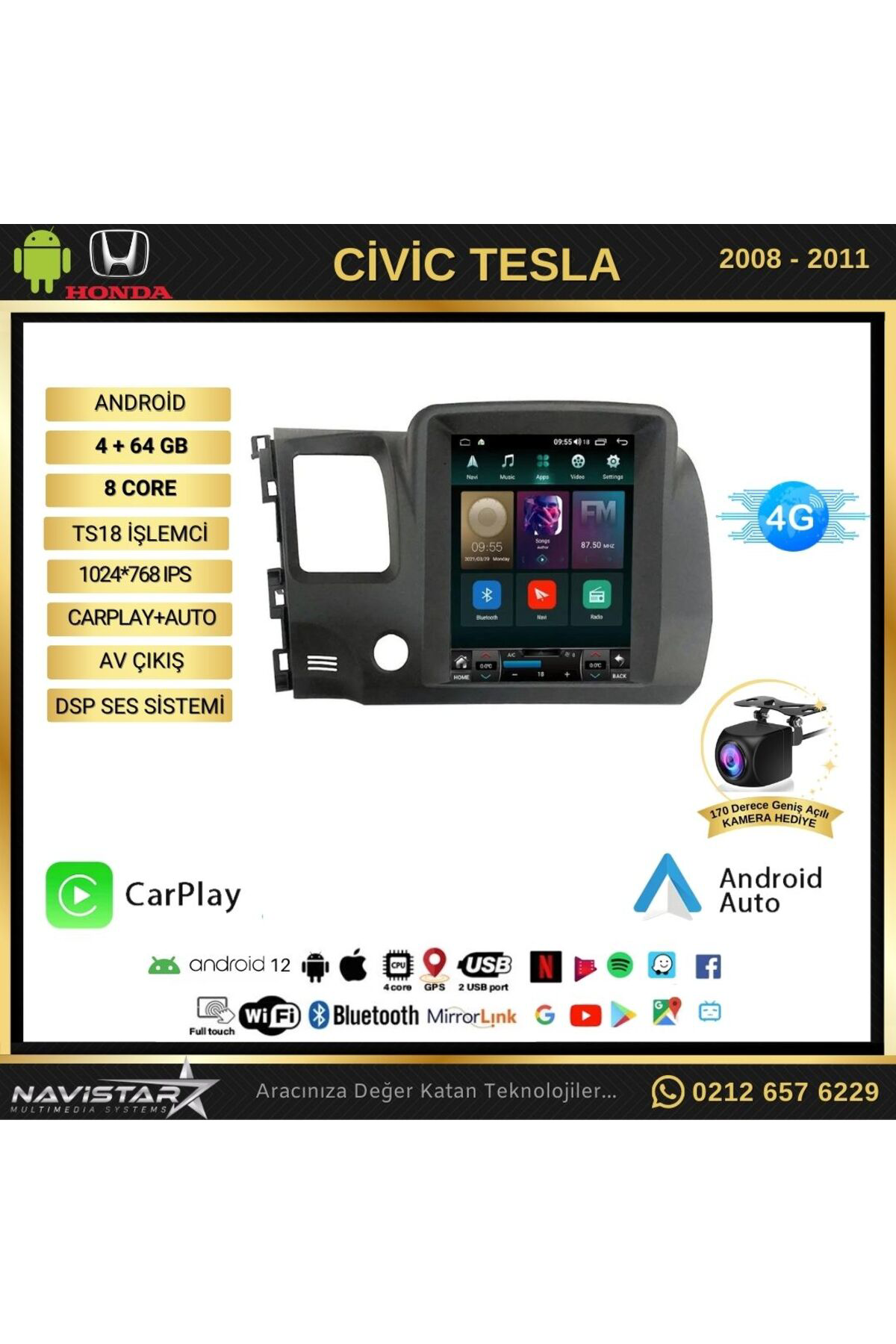 Honda Civic Tesla 4gb 64gb 2008-2011 Model Kablosuz Carplay Navig