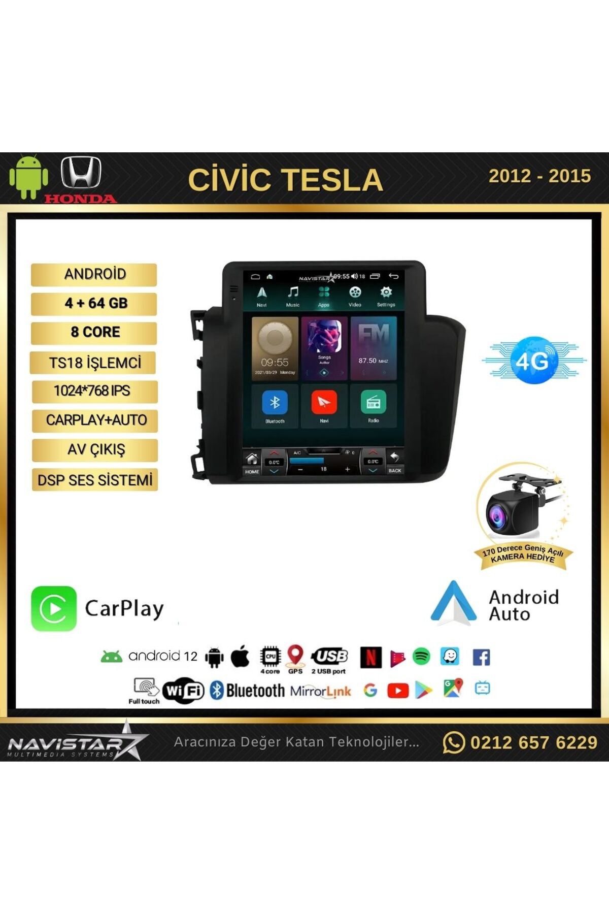 Honda Civic Tesla 4gb 64gb 2012-2015 Model Kablosuz Carplay Navig