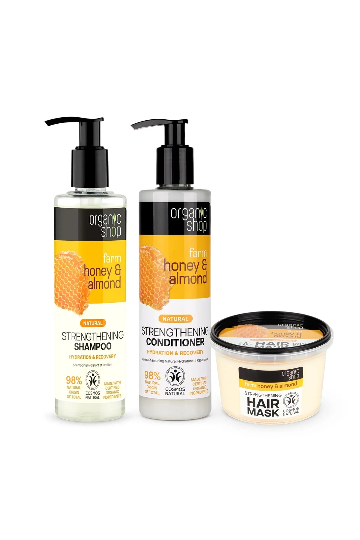 Honey & Almond Bal ve Badem Yağlı Güçlendirici Organik Şampuan Saç Kremi Maske Saç Bakım Seti