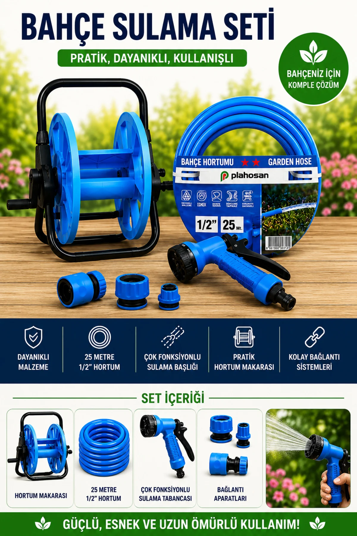 Hortum Makaralı Sulama Seti - 25 M 1/2" Hortum ve Çok Fonksiyonlu Hortum Makaralı Sulama Seti - 25 M 1/2" Hortum ve Çok Fonksiyonlu