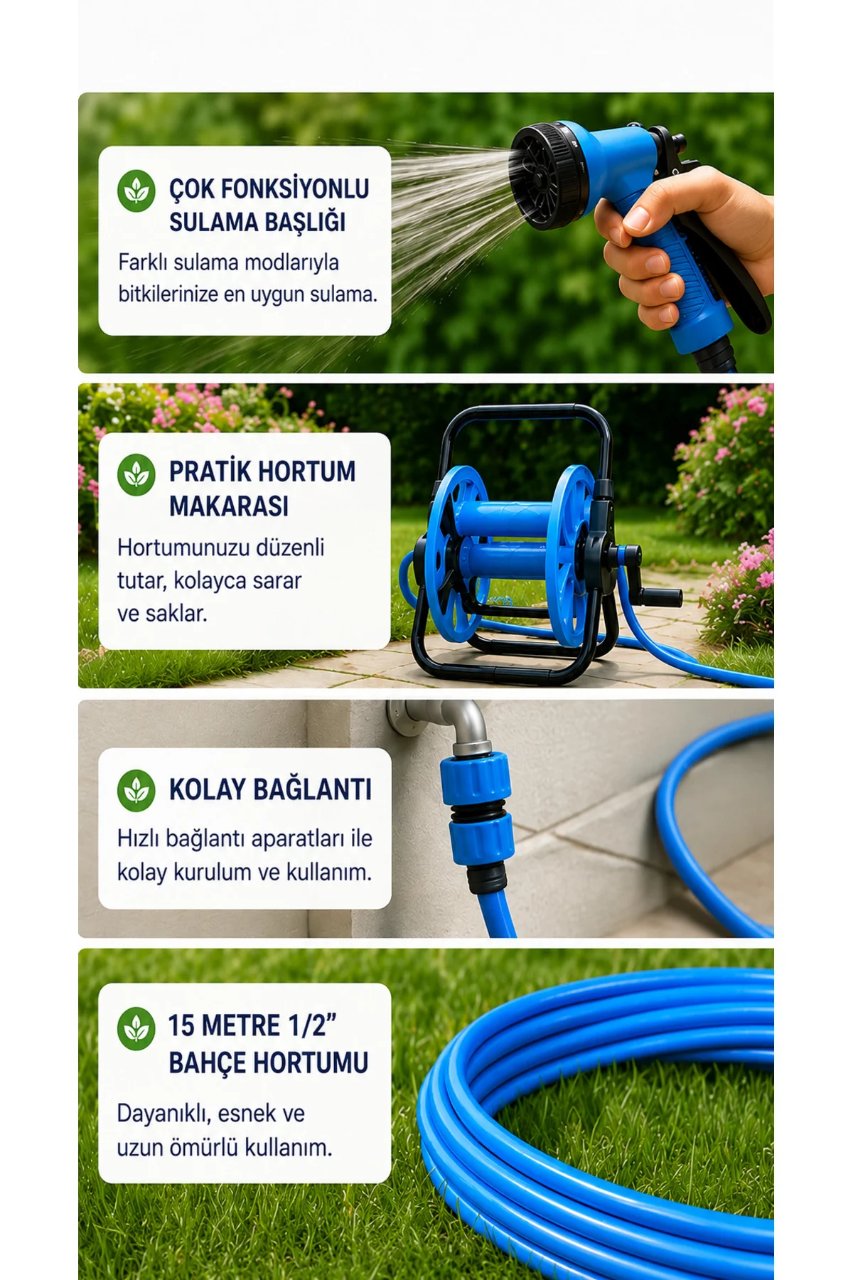 Hortum Makaralı Sulama Seti - 15 M 1/2" Hortum ve Çok Fonksiyonlu Hortum Makaralı Sulama Seti - 15 M 1/2" Hortum ve Çok Fonksiyonlu