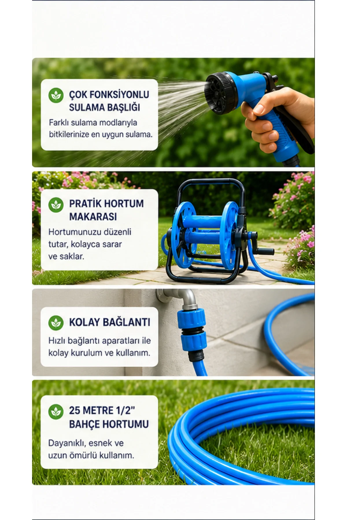 Hortum Makaralı Sulama Seti - 25 M 1/2" Hortum ve Çok Fonksiyonlu Hortum Makaralı Sulama Seti - 25 M 1/2" Hortum ve Çok Fonksiyonlu