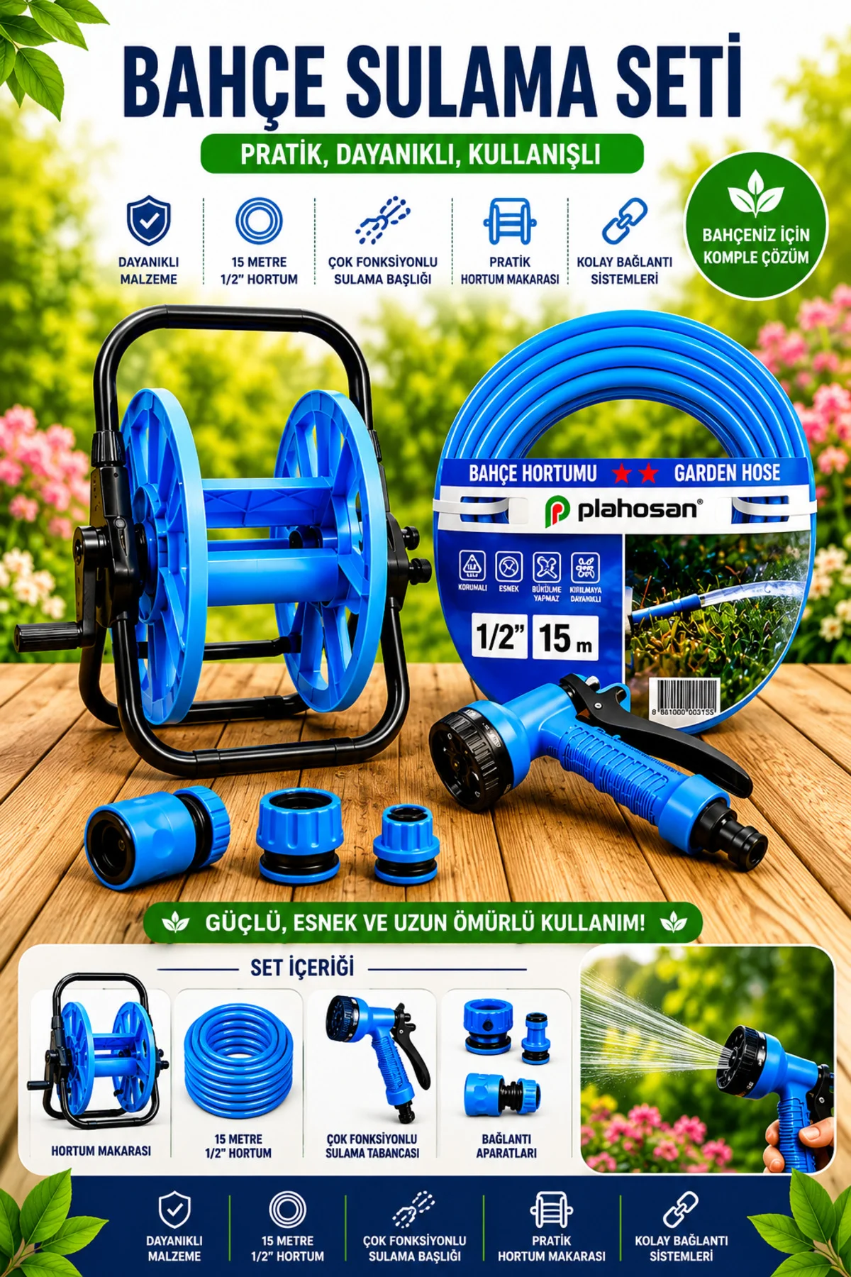 Hortum Makaralı Sulama Seti - 15 M 1/2" Hortum ve Çok Fonksiyonlu Hortum Makaralı Sulama Seti - 15 M 1/2" Hortum ve Çok Fonksiyonlu