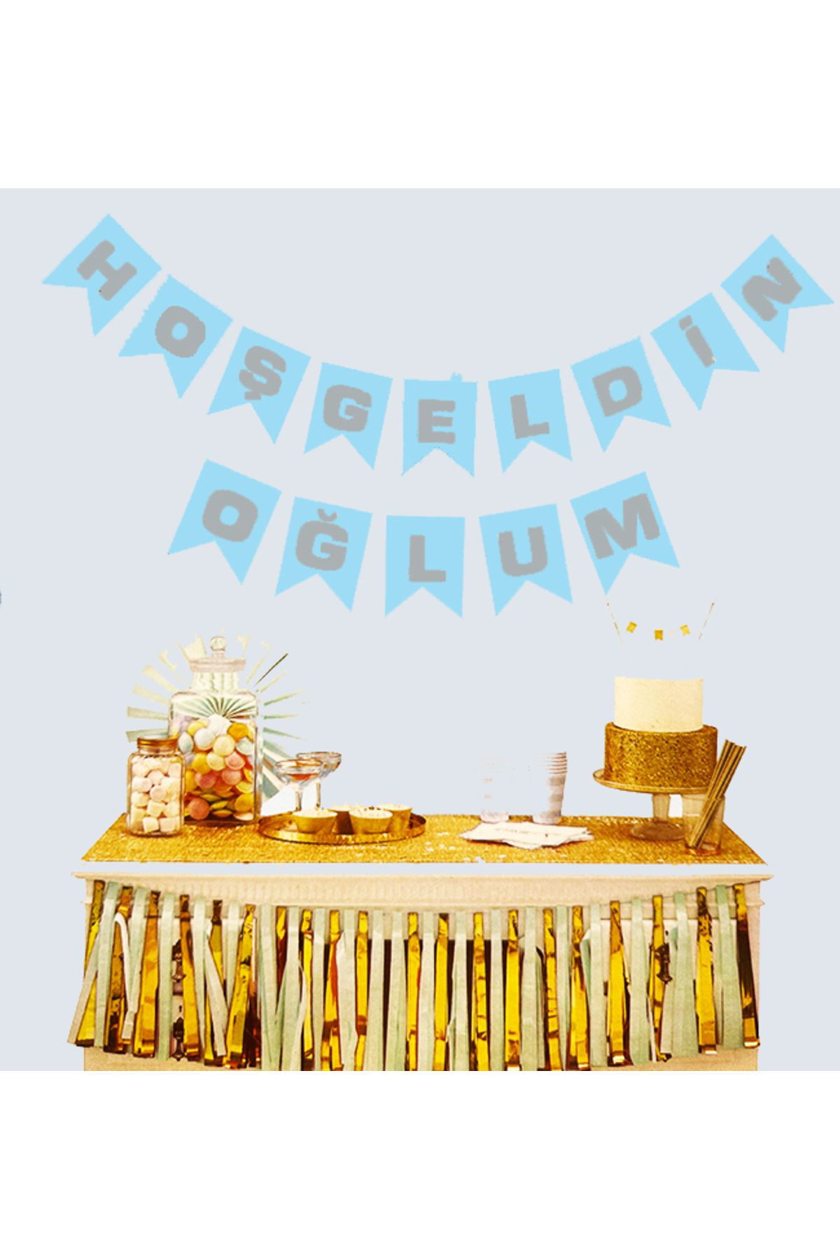 Ok Aksesuar Hoşgeldin Oğlum Mavi Üzeri Gümüş Yeni Doğan Bebek Doğum Süsü Afiş