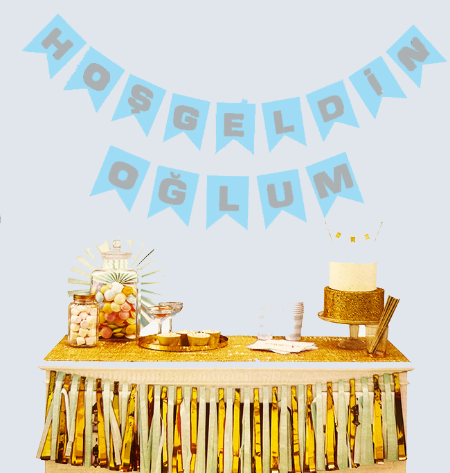 Hoşgeldin Oğlum Mavi Üzeri Gümüş Yeni Doğan Bebek Doğum Süsü Afiş