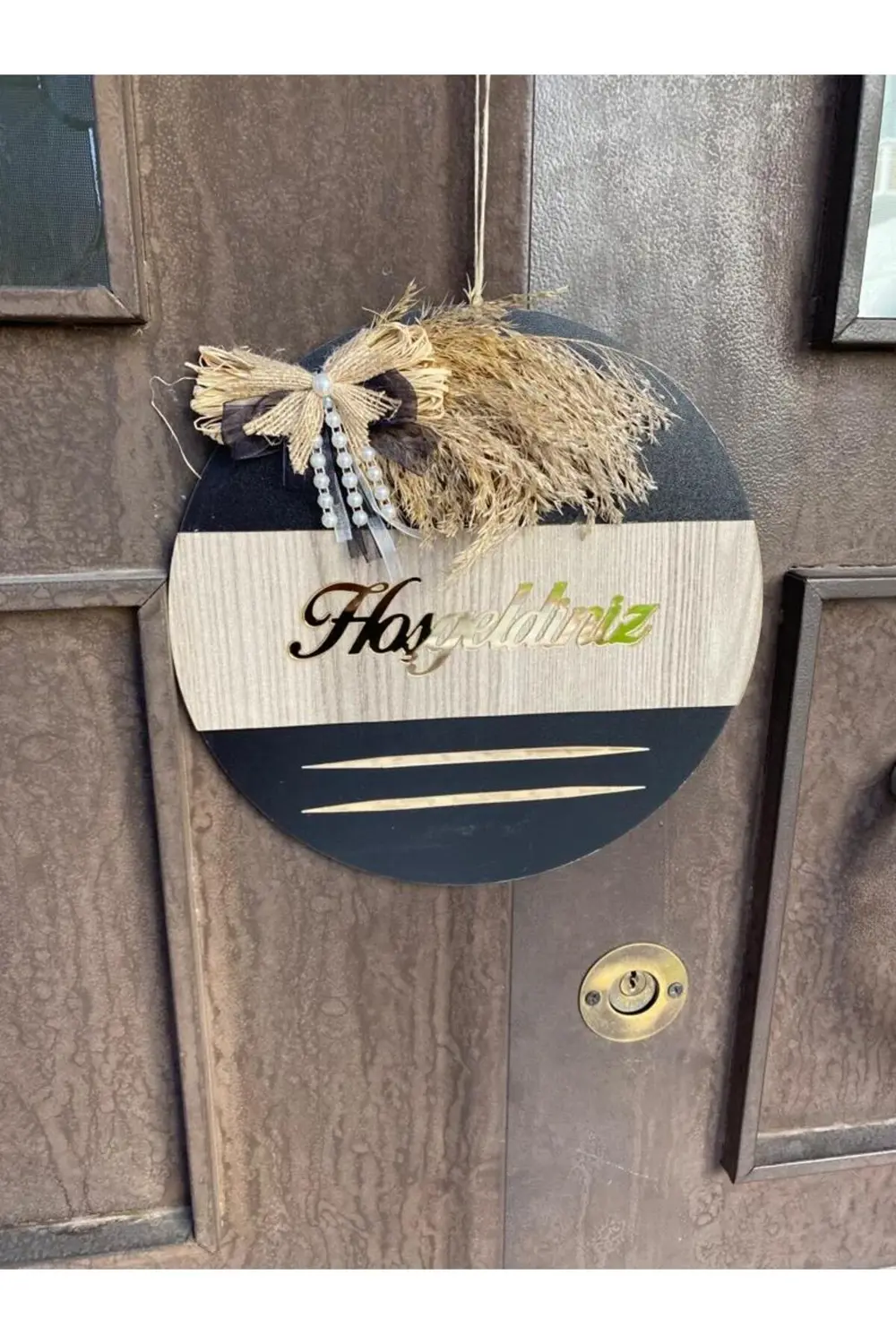 Hoşgeldiniz Yazılı Aynalı Pleksi Ahşap Kapı Süsü Dekoratif Dış Ka