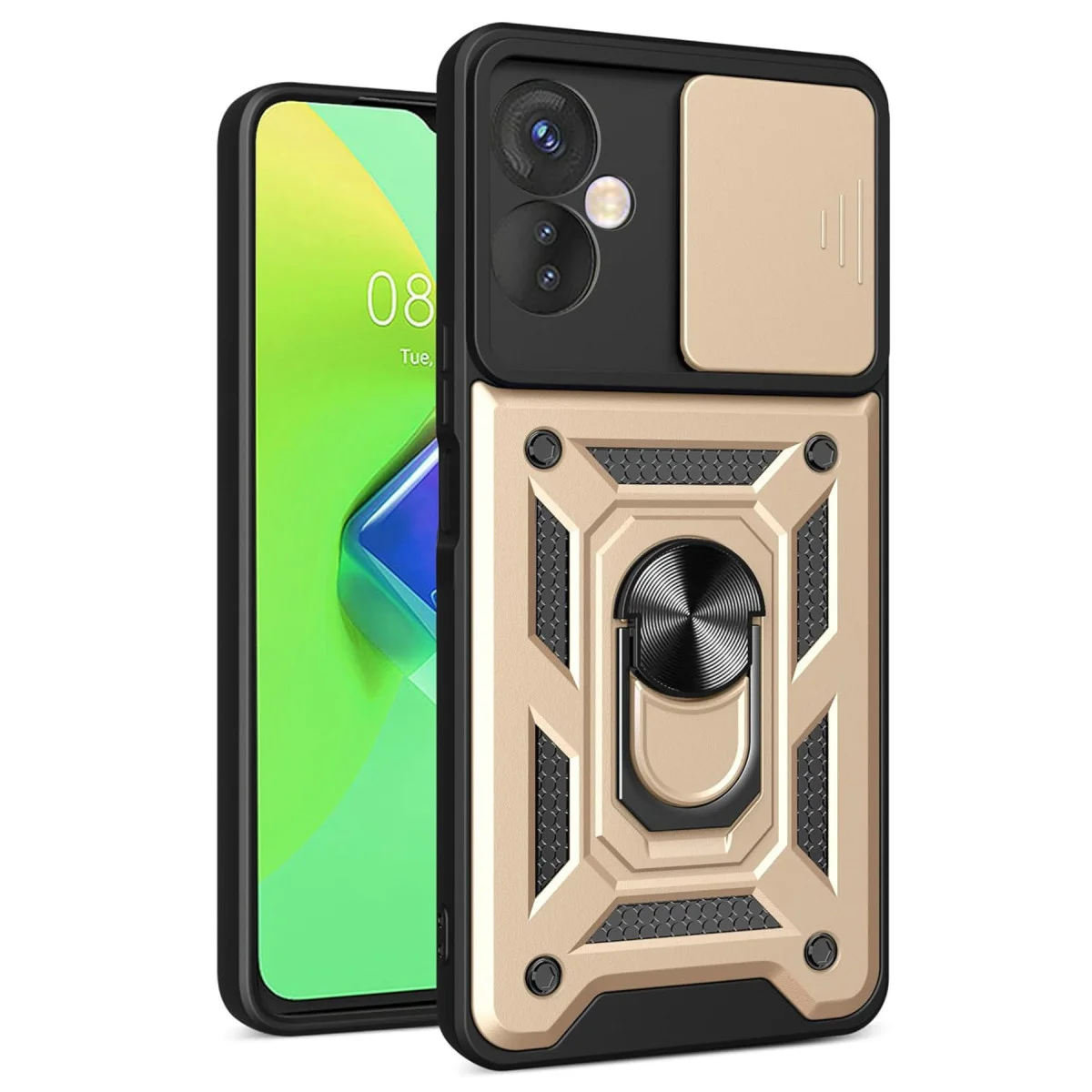 Hot 30 4G Silikon Kılıf - Lens Korumalı, Metal Standlı ve Gold